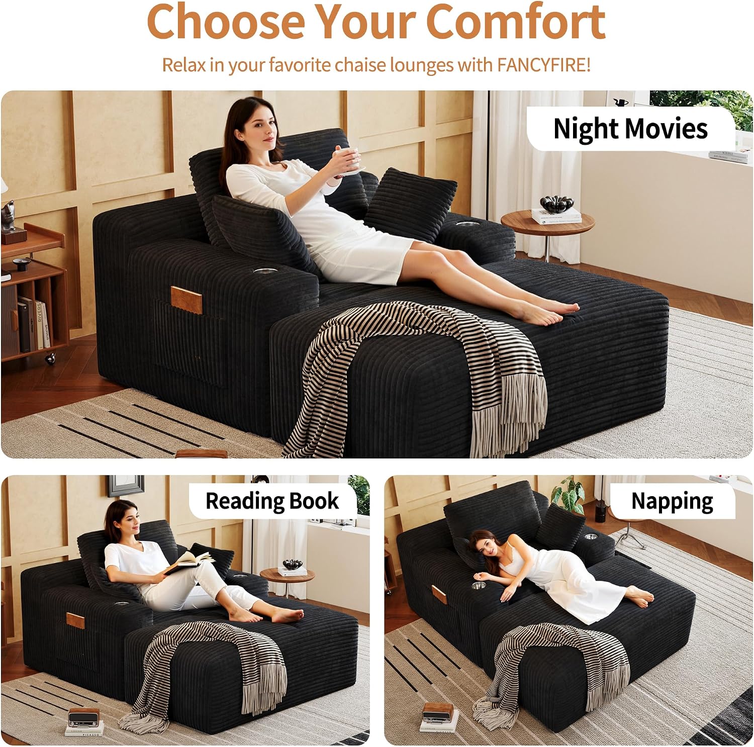 67" Oversized Chaise Lounge Chair Indoor, Corduroy Upholstered Boneless Sofa Bed, Modern Deep Seat Cloud Sleeper Couch Reading Chair for Living Room, No Assembly Required, Black | No Assembly Required, Oversized Chaise