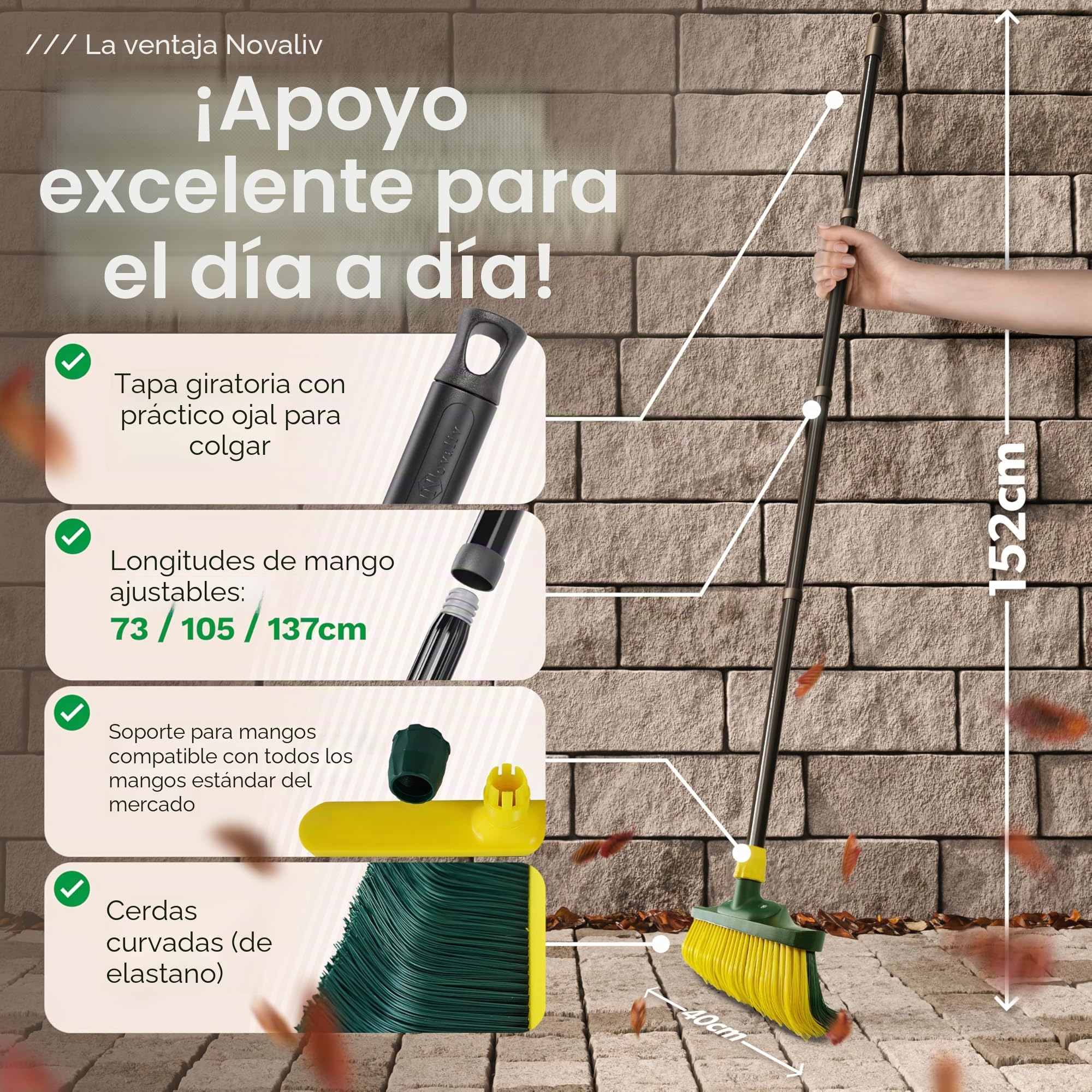 Novaliv Escoba Premium con Mango de 40 cm, Cepillo Especial de Cerdas Curvas, Ideal para Jardín, Césped Artificial y Camping