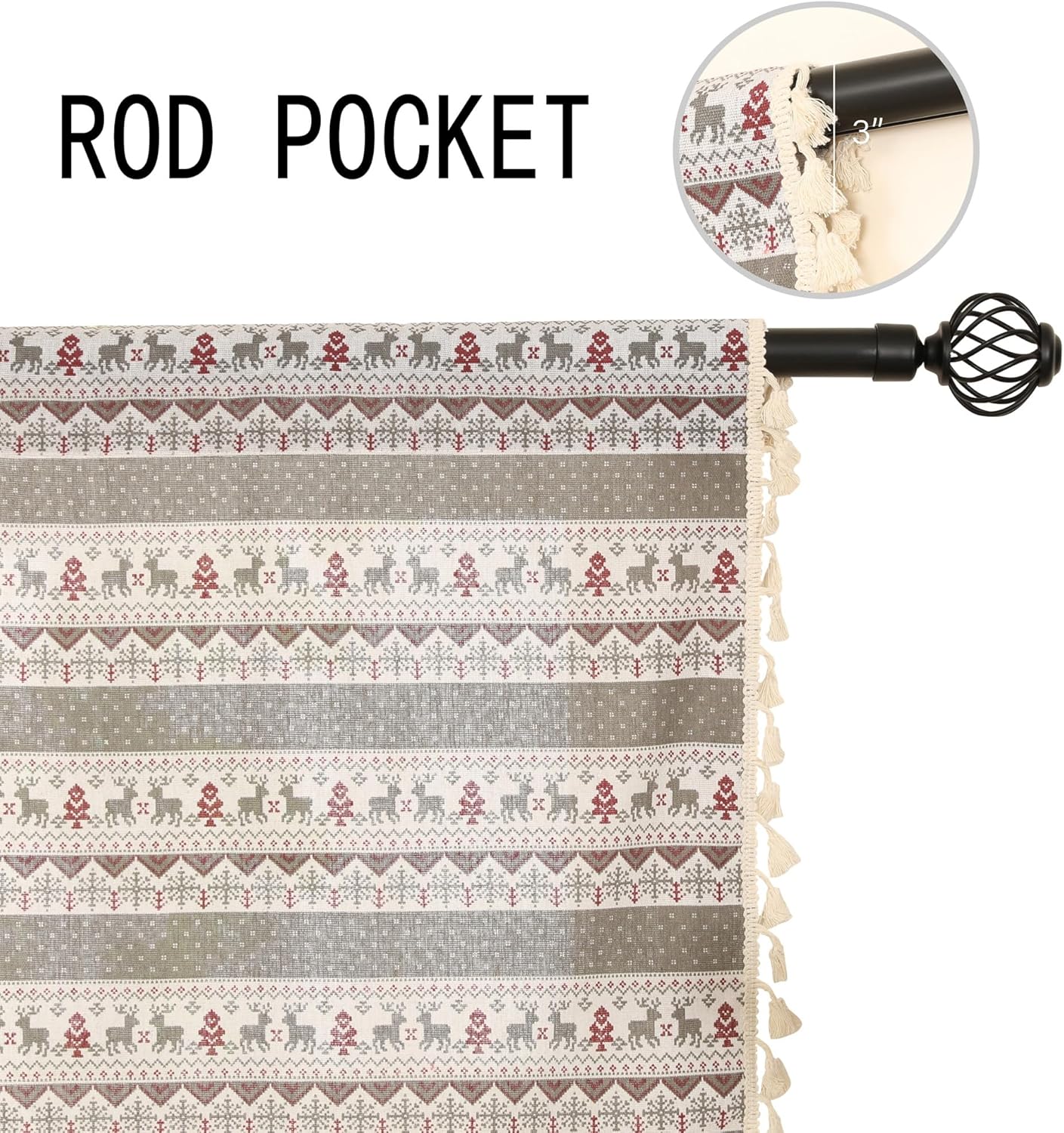 Vintage Xmas Grey Deer Printed Small Holiday Kitchen Cafe Window Tiers Curtains with Tassels Rod Pocket Light Filtering Boho Geometric Short Window Treatment, One Piece, 54 x 48 Inch