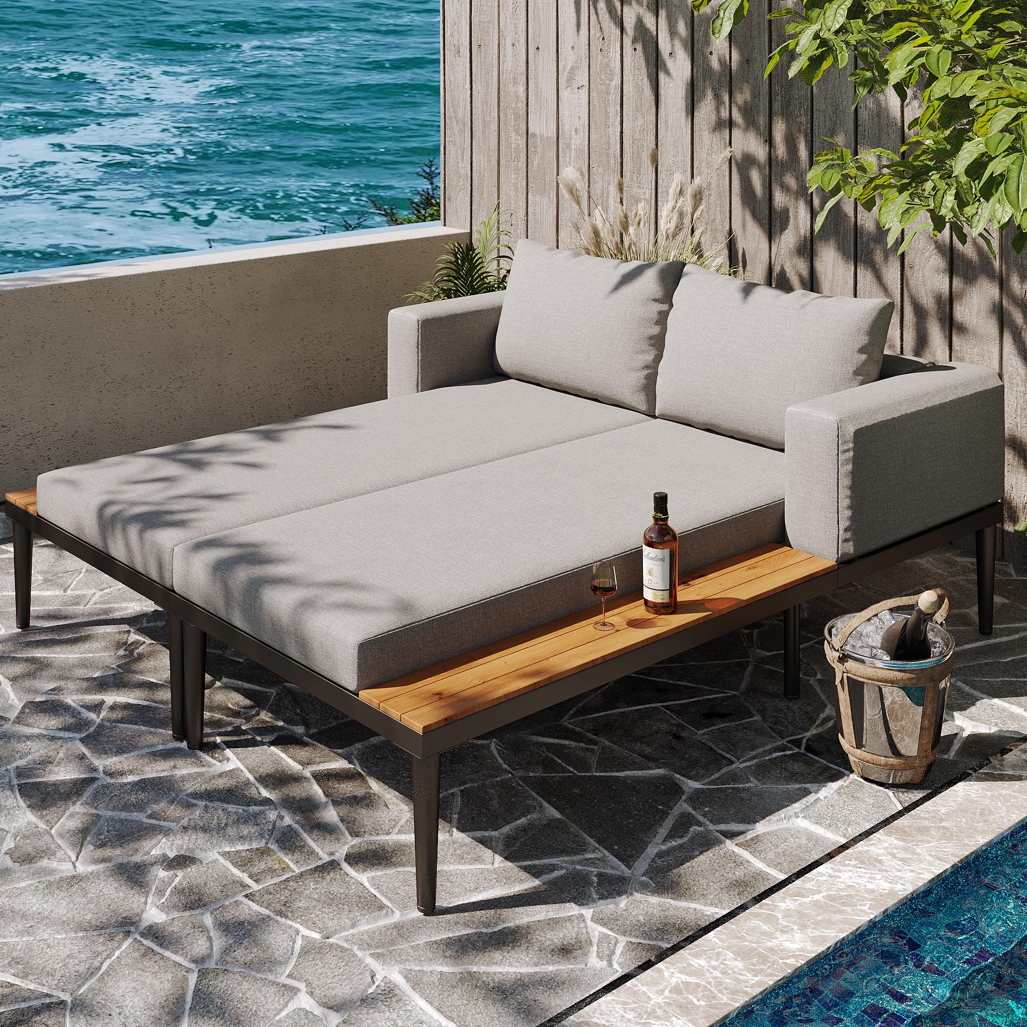 Lit de jour pour patio d'extérieur, lit double, chaise longue d'extérieur, multifonctionnel, imperméable, avec étagères, pour patio, jardin et balcon