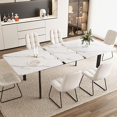 Miniatura 6 de Juego de mesa de comedor extensible para 6-8 personas, mesa de cocina MDF de 63 a 78.7 pulgadas con 6 sillas tapizadas, ahorro de espacio para