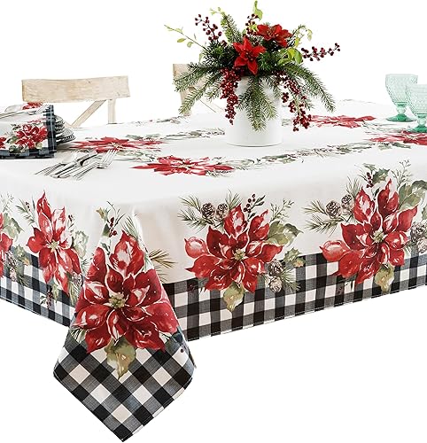 Miniatura 10 de Newbridge Mantel de tela navideña con borde de cuadros de Pascua festivo, fácil cuidado, mantel de liberación de manchas, 70 pulgadas, redondo