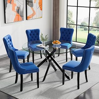 Modern 7-Piece Round Glass Dining Table Set for 6, Modern 47" Black Glass Dining Room Table Set with Blue Velvet Tufted Chairs for Kitchen Dining Room