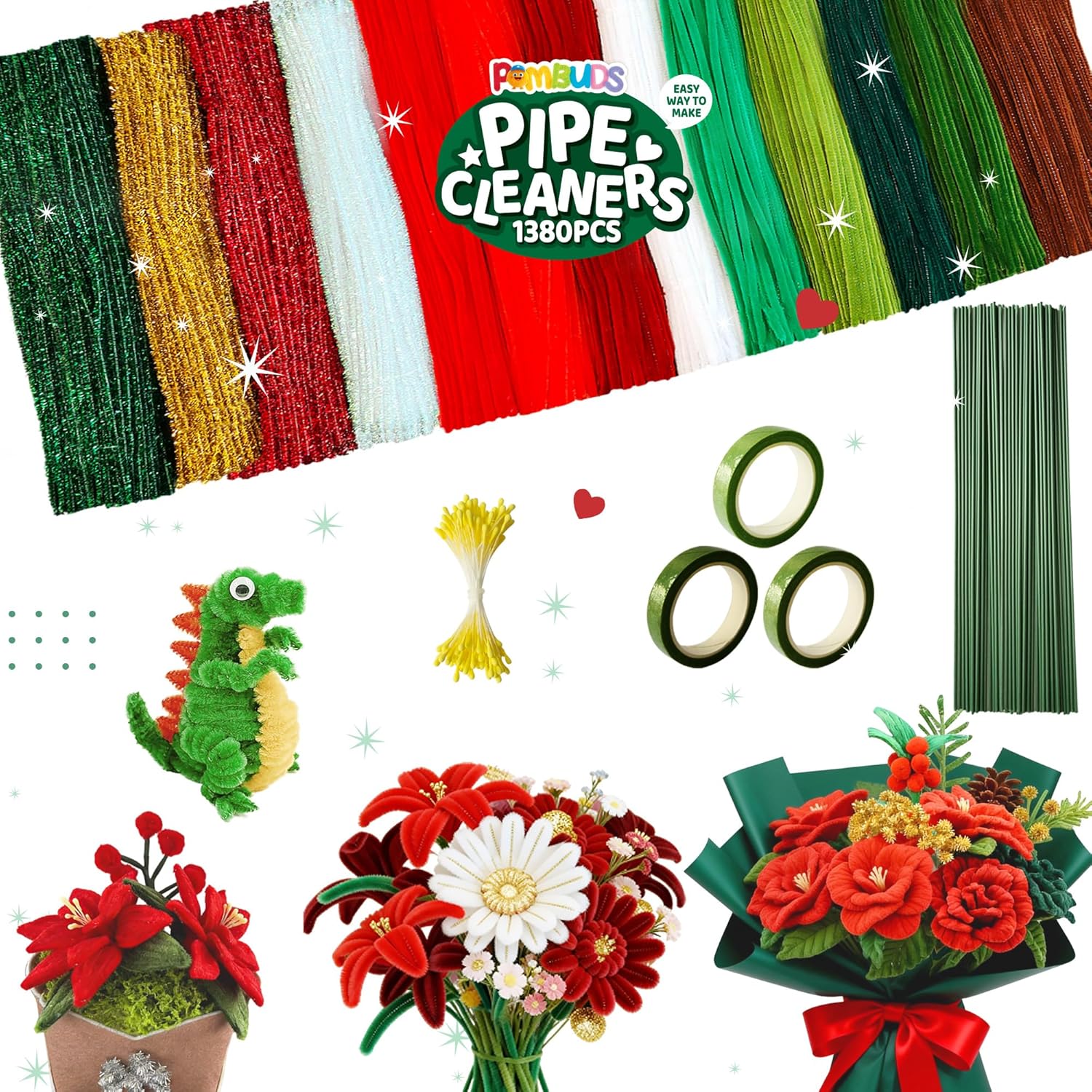 POMBUDS Pipe Cleaners Craft Bulk, 1300pcs Chenille Pipe Cleaners for Crafts, Chenille Stems Art Supplies, 13 Color, Pipe Cleaners for Creative DIY Room Decor.