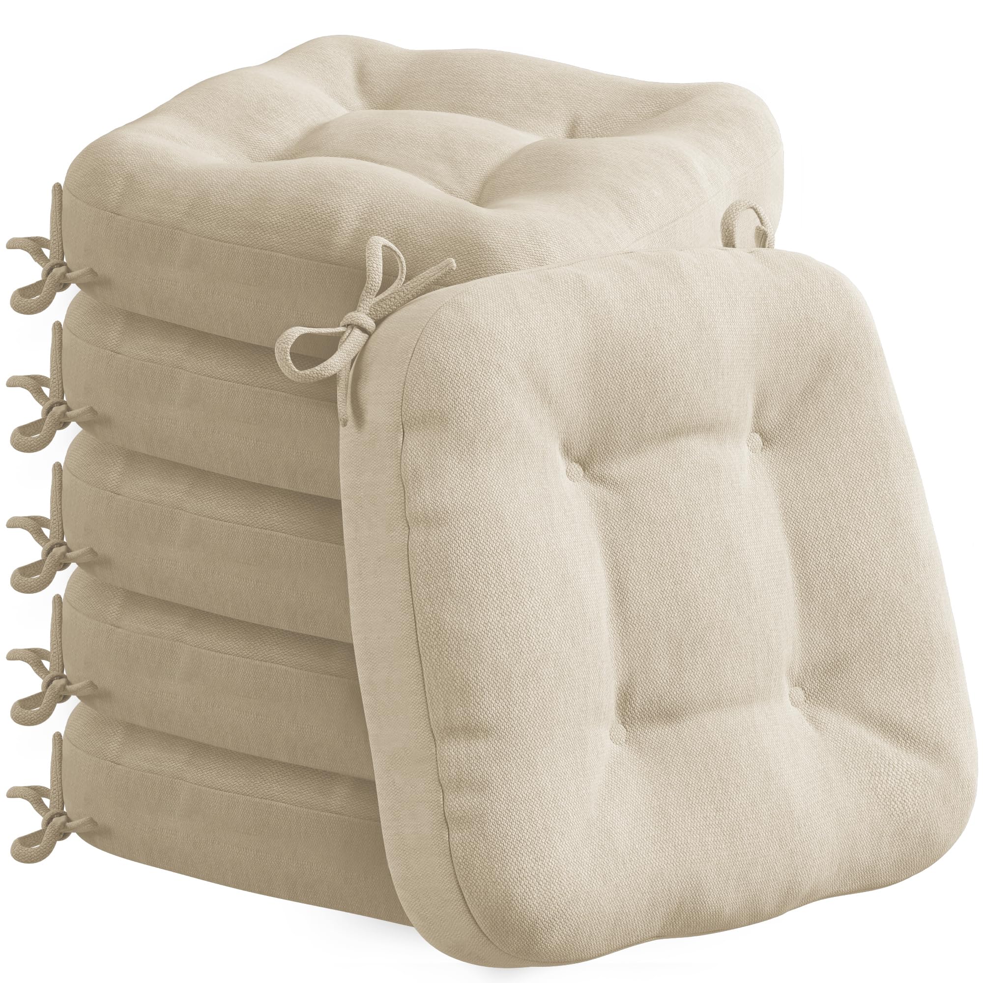 Codi 6 Pack Dining Chair Cushions, Thick Chairs Pads for Indoor Kitchen Room - Washable, Non-Slip Seat Cushion with Ties, 16.5"x16.5"x 3.5", Set of 6, Beige