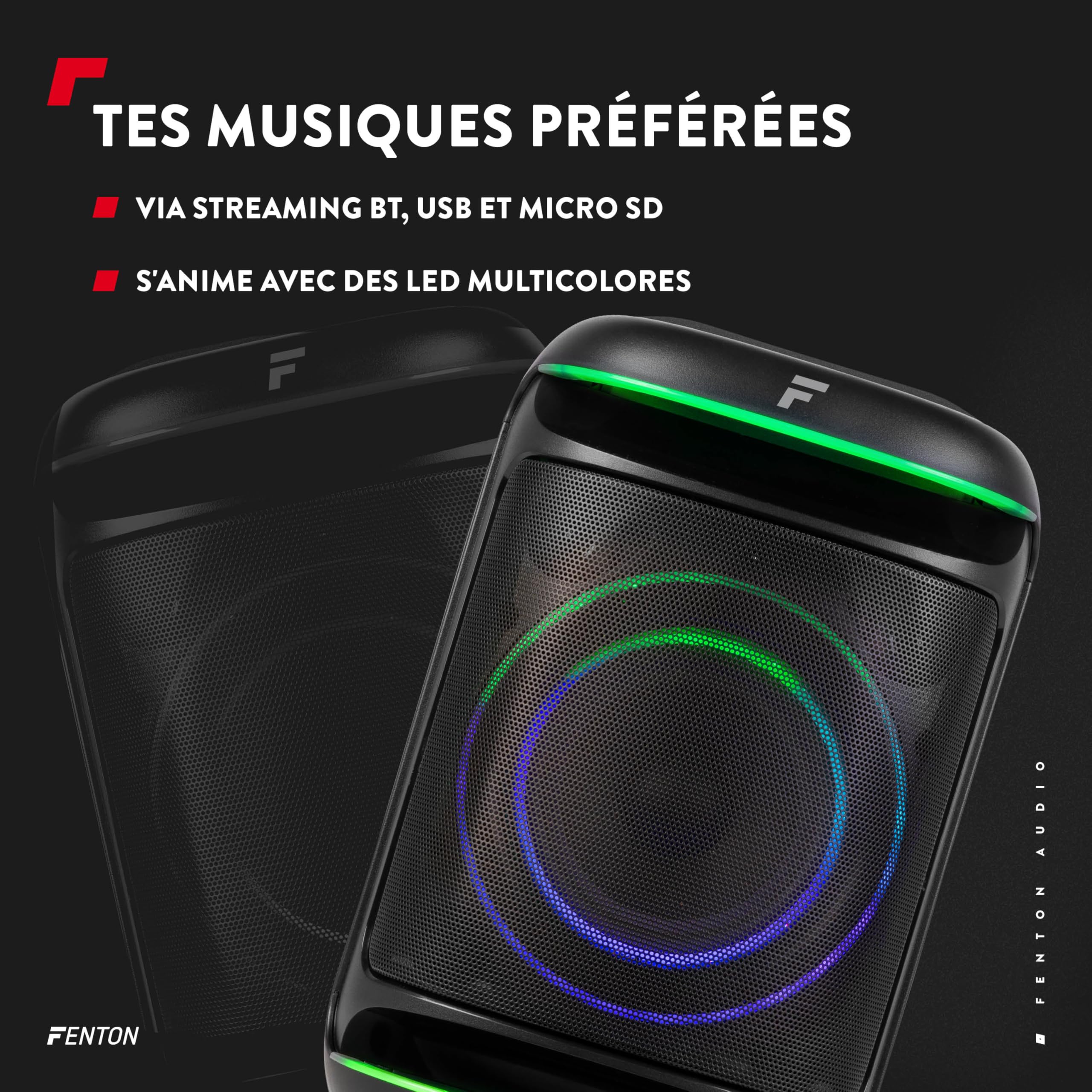 Fenton Track165 Enceinte Portable Bluetooth Lumineuse, 120W, Batterie Longue Autonomie 10H, Facile à Transporter, Enceinte Karaoké, Idéale pour Toutes Vos Soirées