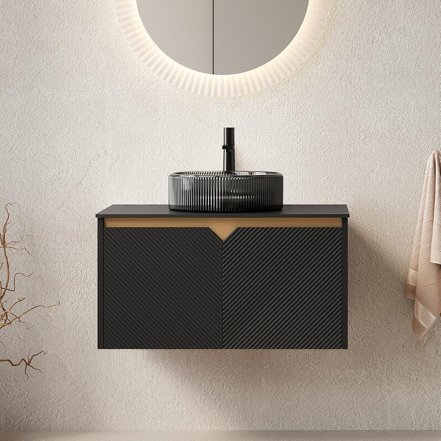 24 Inch Bathroom Vanity with Sink, Floating Fluted Vanity with Vessel Sink, Modern Wall Mounted Bathroom Vanity Cabinet with 2 Doors, Bowl Ceramic Sink & Sintered Stone Top, Oak