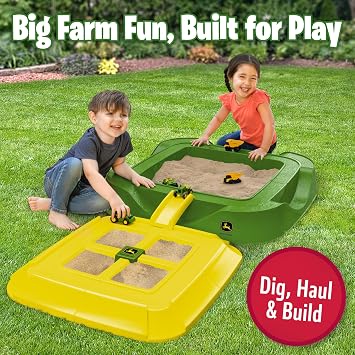 John Deere Sandbox Playset with Protective Cover, Includes 5 Realistic Trucks & Tractors, Perfect Outdoor Sand Toy for Kids, Imaginative Play & Active Backyard Fun