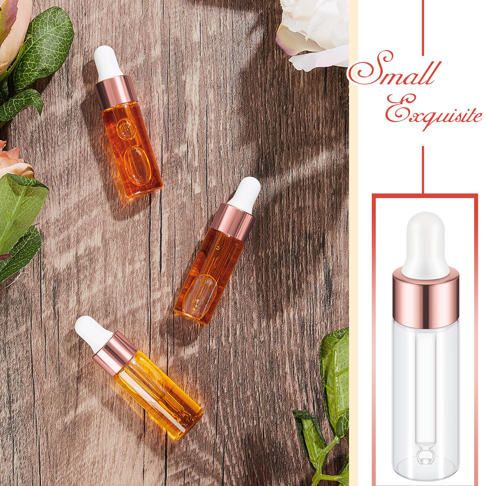 Didaey Lot de 200 mini flacons compte-gouttes en verre avec couvercle pour voyage, huiles essentielles, échantillons liquides et parfums (or rose, 5 ml)