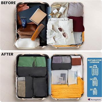 Champion Packing Cubes for Travel - 6 Piece Organizer Set, Carry-On Ready | Breathable mesh, sturdy handles; 3 cubes, 1 laundry bag, 2 zip pouches; zipper closure; fits carry-on -size suitcases