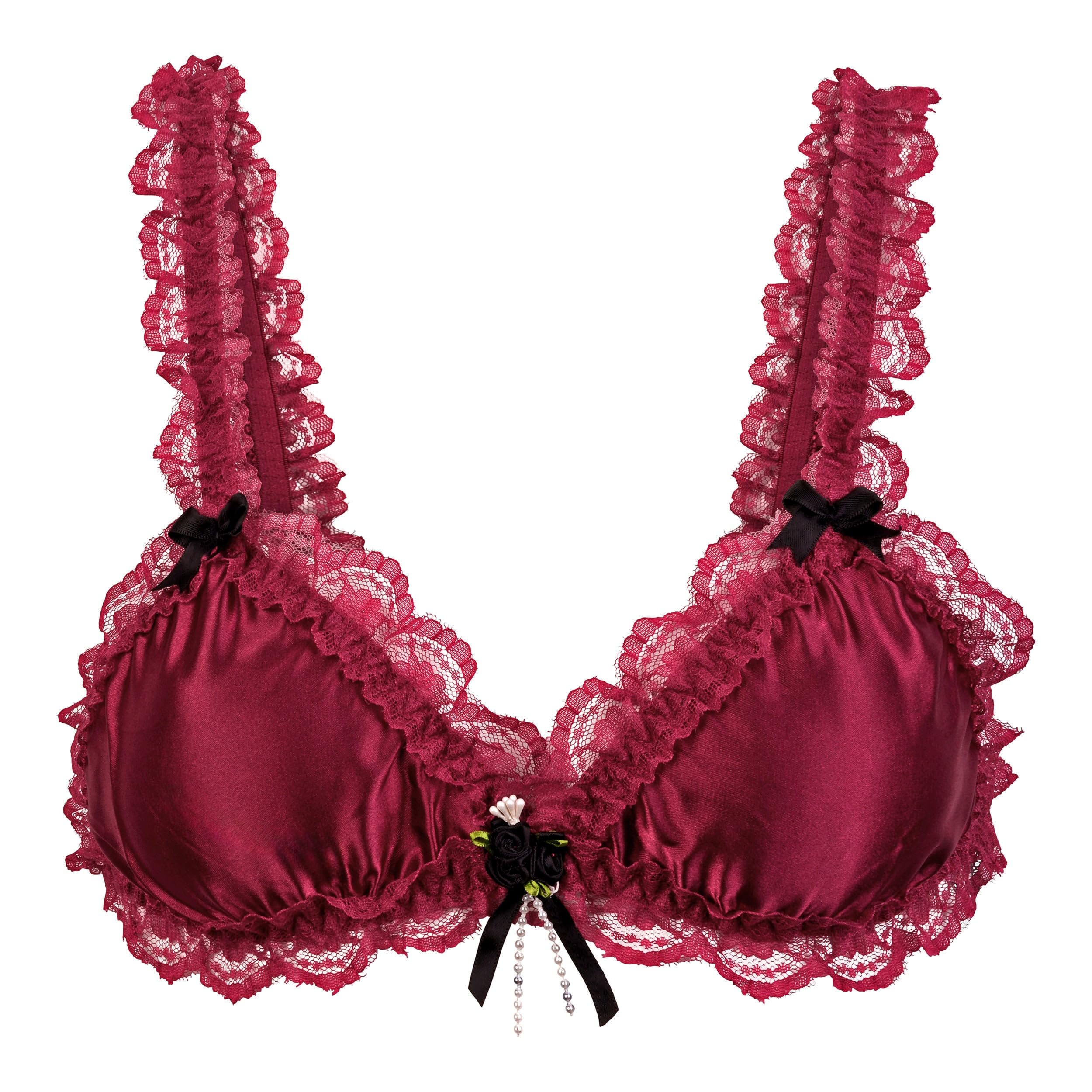 Satini Women's Wine Red Sissy Frilly Lace Fitted Satin Bralette (, Xl)