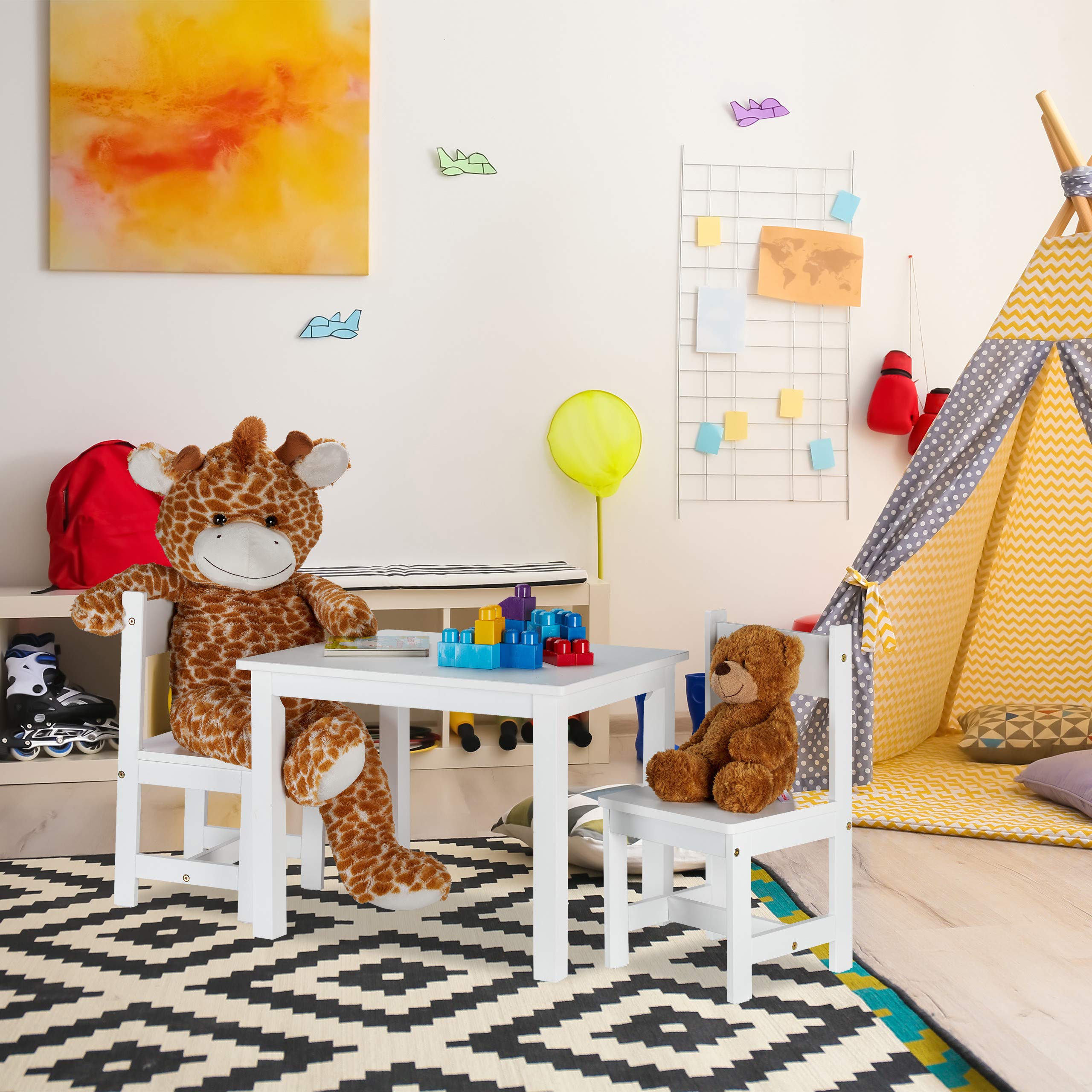 Relaxdays Mobiliario Infantil, Mesa & 2 Sillas, Moderno, Habitación Infantil, Interior, MDF, 1 Set, Blanco
