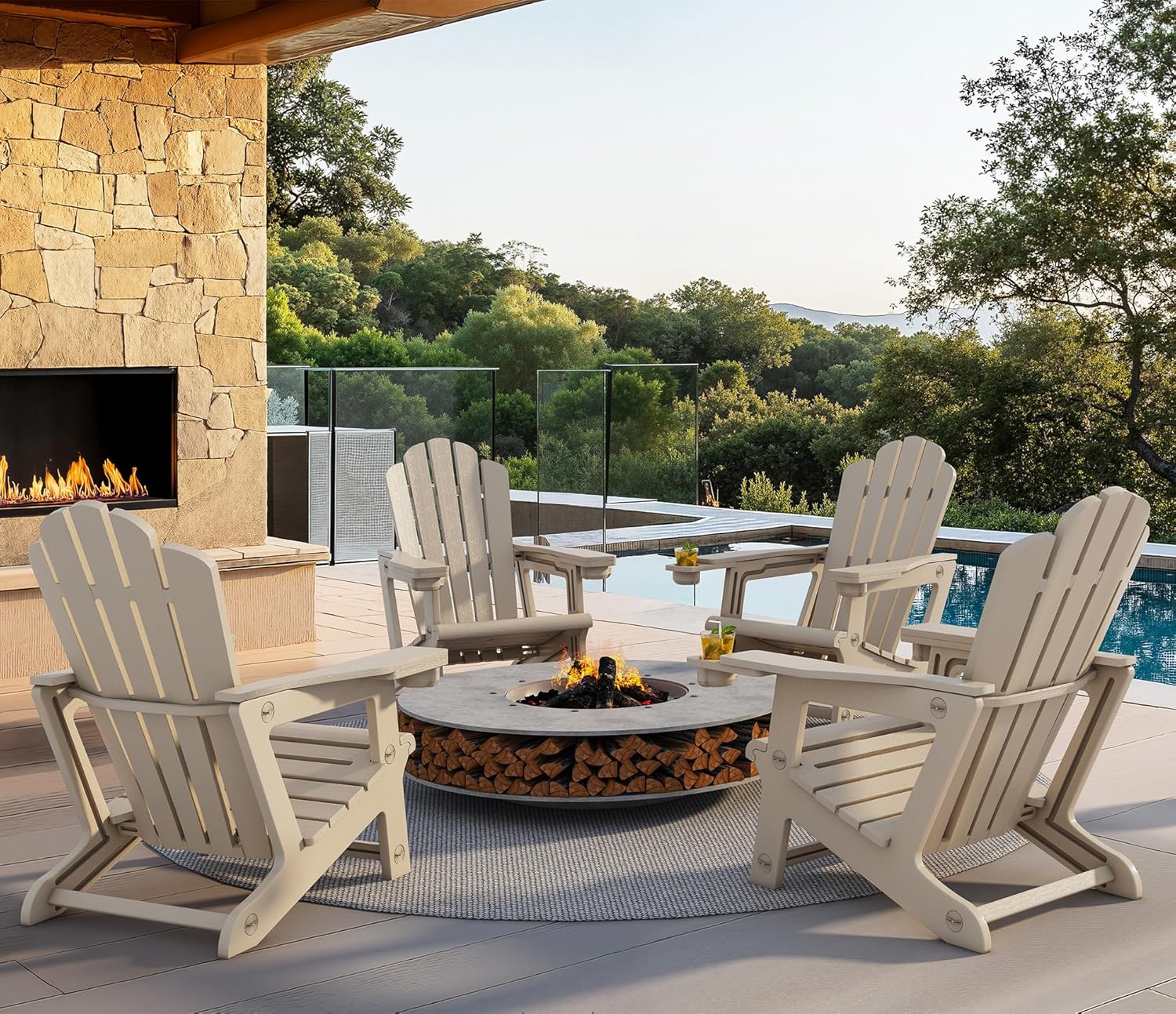 PURPLE LEAF Adirondack Chair Set of 4 HDPE All-Weather Outdoor Fire Pit Chair with 24.6" Oversized Seat Wood-Textured Patio Adirondack Chair with Dual Cup Holders for Garden Deck Backyard, Champagne