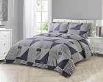 Home Beyond & HB design - Couvercle à couettes imprimé réversible Taille de la reine - 3 Pièces (1 Couverture de couettes avec fermeture à glissière + 2 Sham oreiller) - Floral gris et strpe Ultra Microfibre brossée douce
