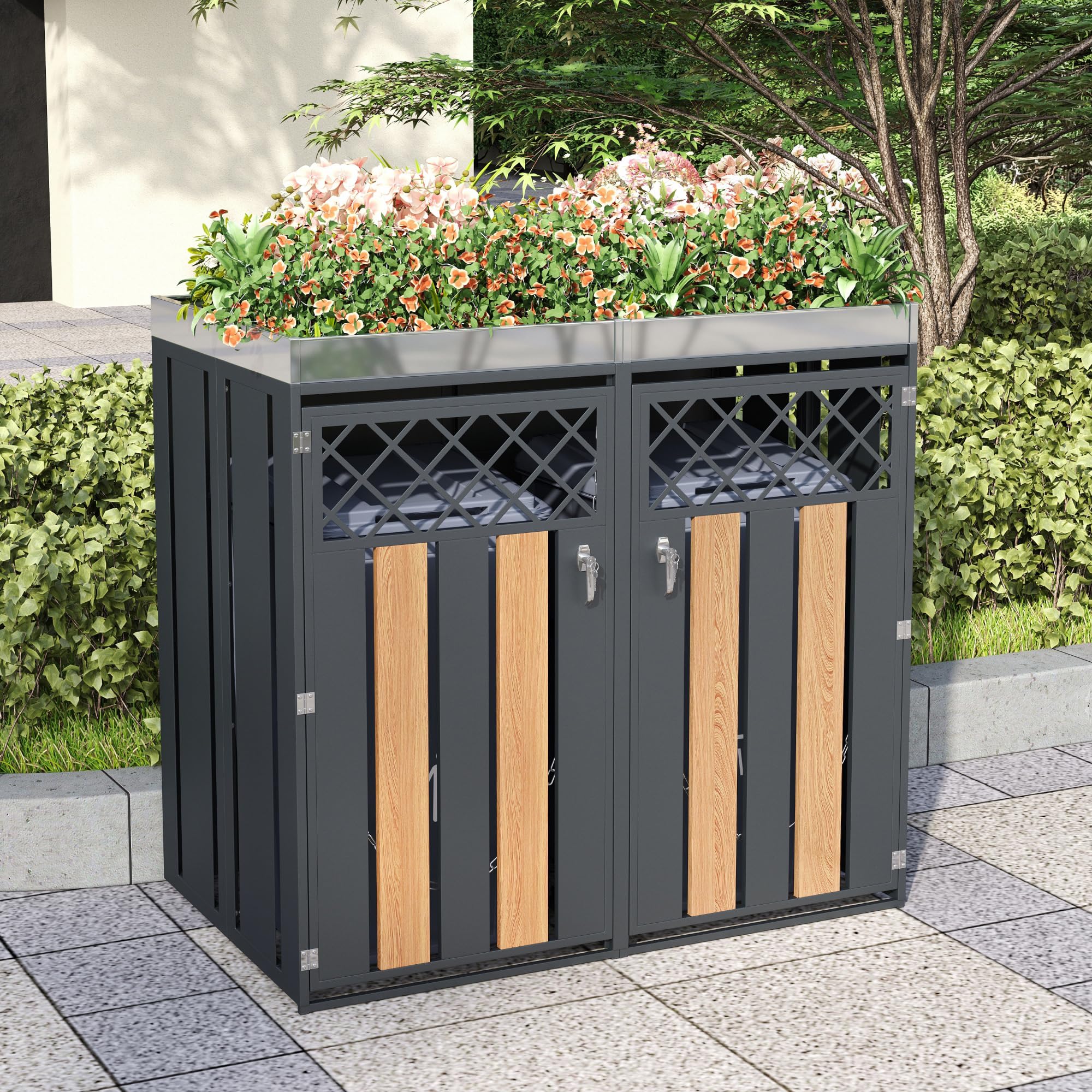 Abri pour poubelles, équipé d'ouvertures d'aération en Losange, d'un Compartiment de Rangement pour poubelles, verrouillable, à Double Porte, avec Un Espace dédié aux Plantes (1)