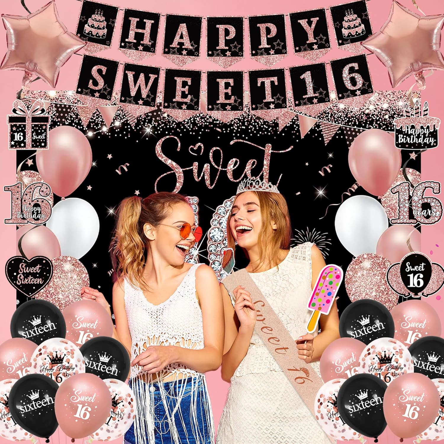 Trgowaul Sweet 16th Birthday Decorations for Girls, 30pcs Black Rose Gold Happy Birthday Party Supplies, 16th Crown and Sash, Banner, Hanging Swirl Flag, Balloons, 16 Year Old Party Decorations Kit