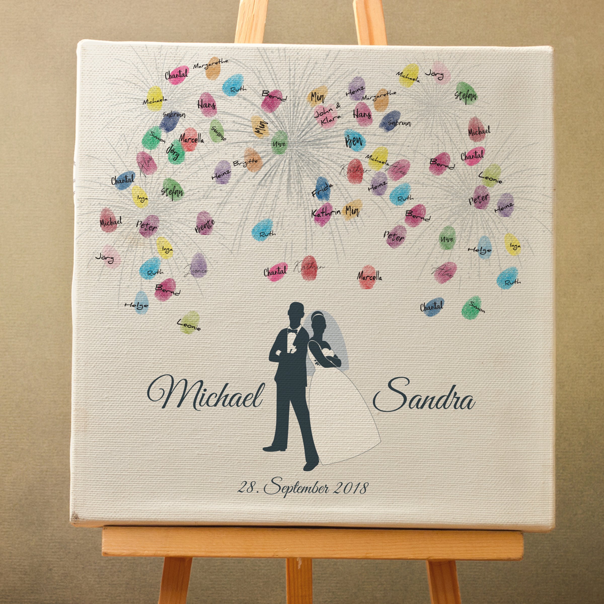 Madyes Płótno Ślub Odcisk palca Księga gości Spersonalizowana Para Młoda Para Fajerwerki jako prezent, dekoracja ślubna, imiona z datą. 50 x 50 cm duży na