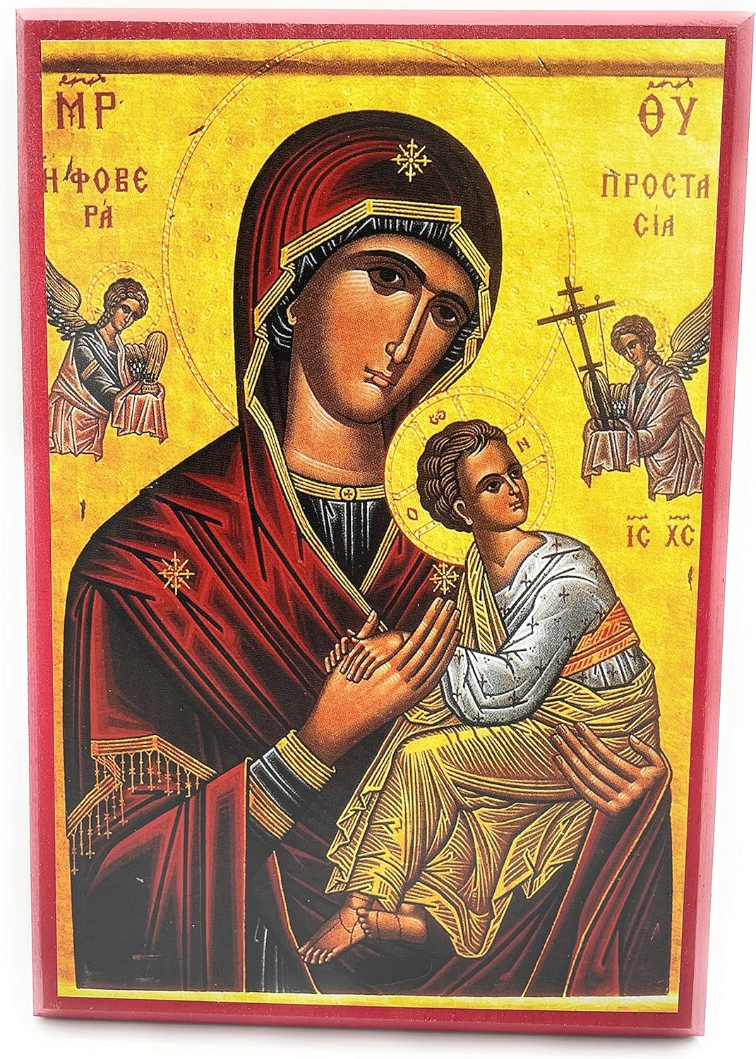Wooden Greek Orthodox Christian Icon Theotokos Fovera Prostasia (Formidable Protection) (9" x 13")