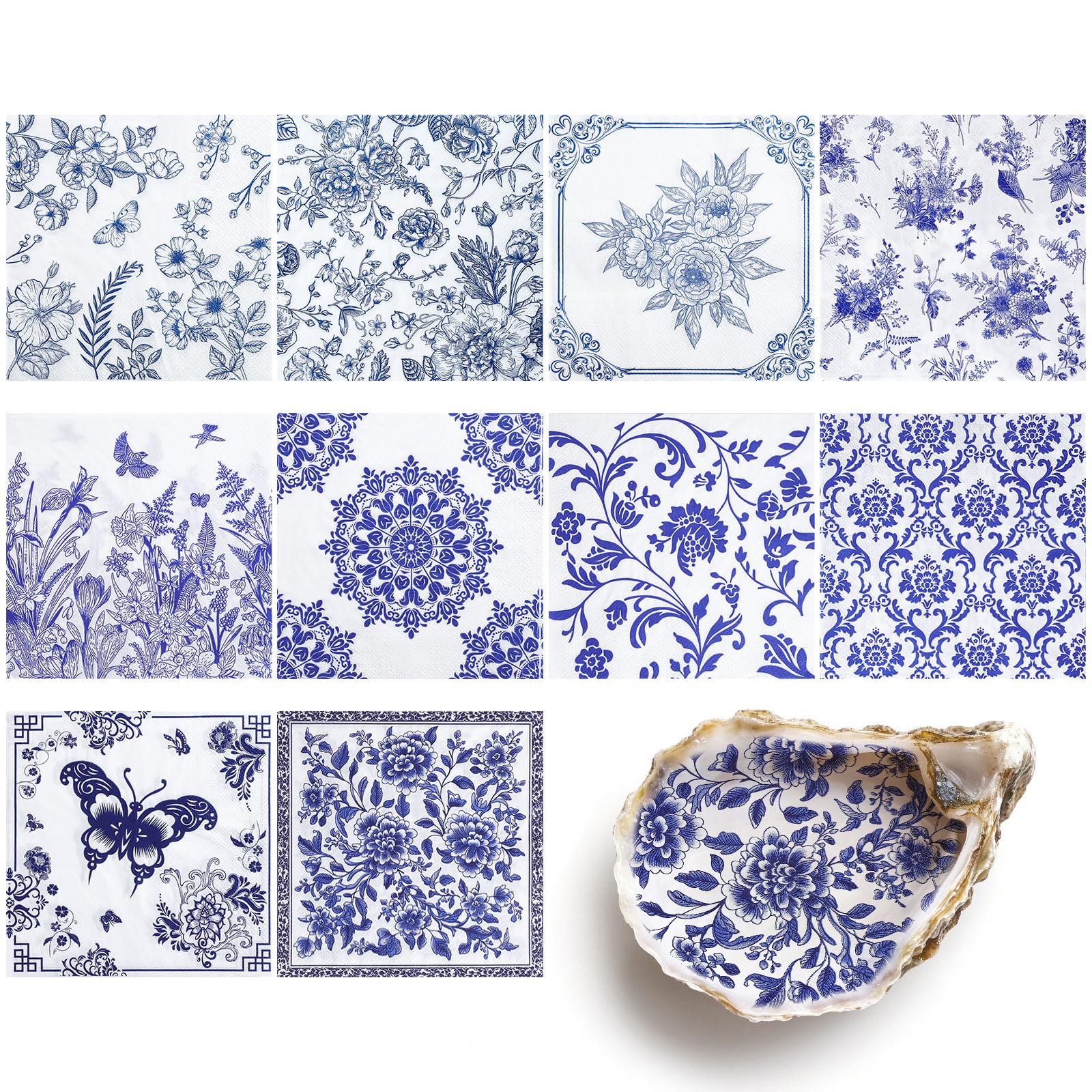 30 Pack Decoupage Napkins, 10 Styles Blue and White Floral Paper Napkins