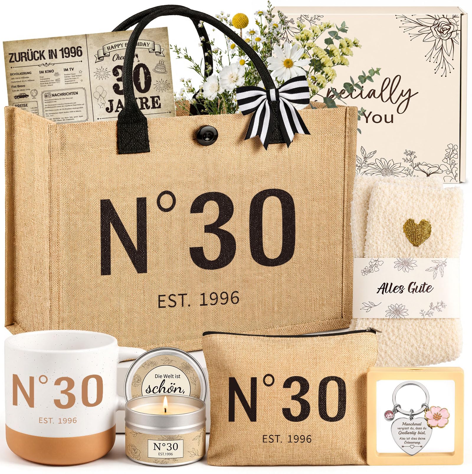 Giftota Geschenk 30 Geburtstag Frau, 8tlg. Vintage 1996 Geburtstag Geschenkset für Frauen mit Einkaufstasche Tasse, Geburtstagsgeschenk für Freundin Ehefrau Kollegin Schwester
