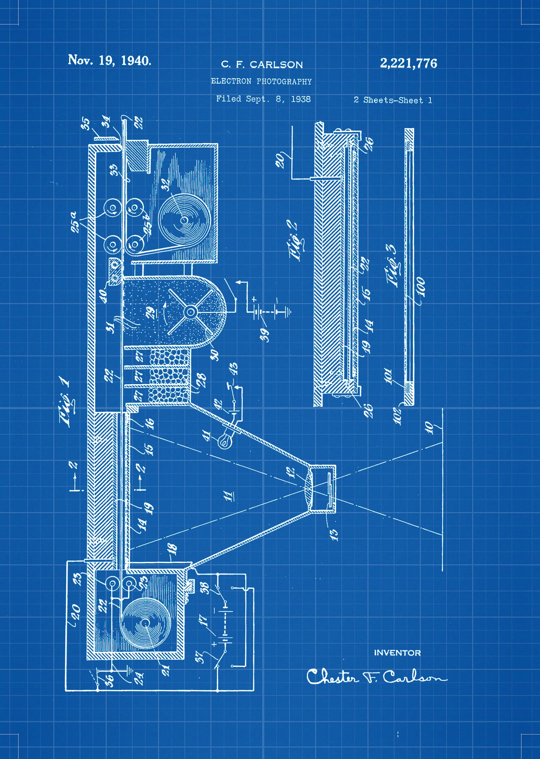 Nacnic patent Poster printing press 6. Foil with old design patent in A3 size with blue background, 42L x 29.7W cm