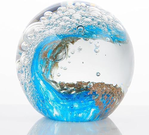 Qianwei Bola de cristal soplada a mano con ondas oceánicas  Estatuillas coleccionables de vidrio Spere  Pelota de vidrio pisapapeles Decoración de
