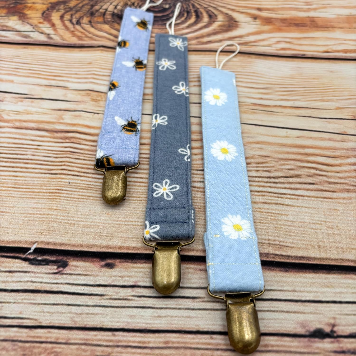 Honeybees And Daisies Pack Of 3 Fabric Pacifier Clip Holder For Infant Baby Boy And Girl, Universal Fit For Binky, Soothers And Teethers