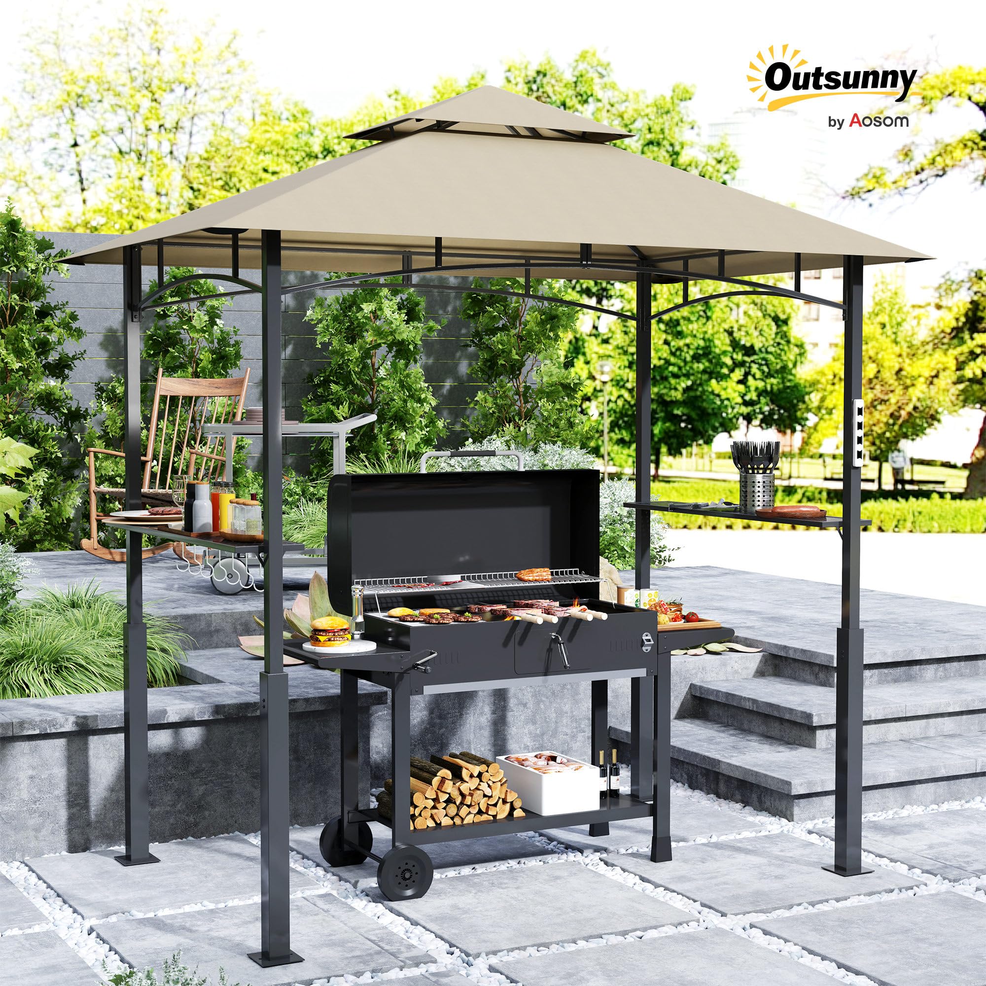 Outsunny Cenador de barbacoa de dos niveles, toldo de recepción para jardín, con luz LED, gancho de techo 2 estantes laterales 240 x 150 x 250 cm Caqui
