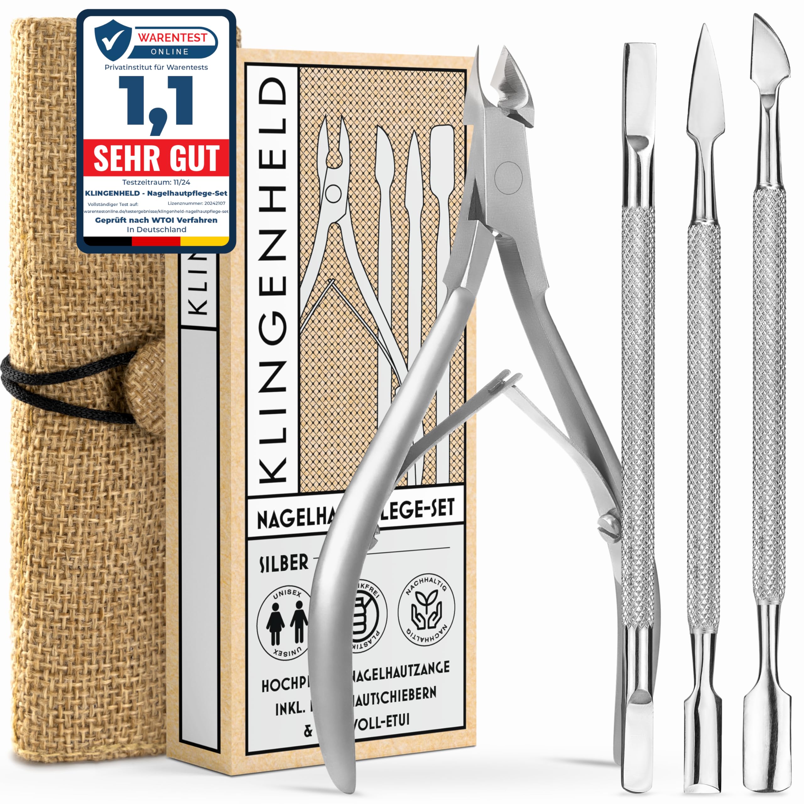 KLINGENHELD® Präzise Nagelhautzange inkl. Nagelhautschieber - Sehr leichtgängig & extra scharf - inkl. Reise-Etui aus Baumwolle 100% plastikfrei & nachhaltig - Nagelhautschere, Nagelhautschneider