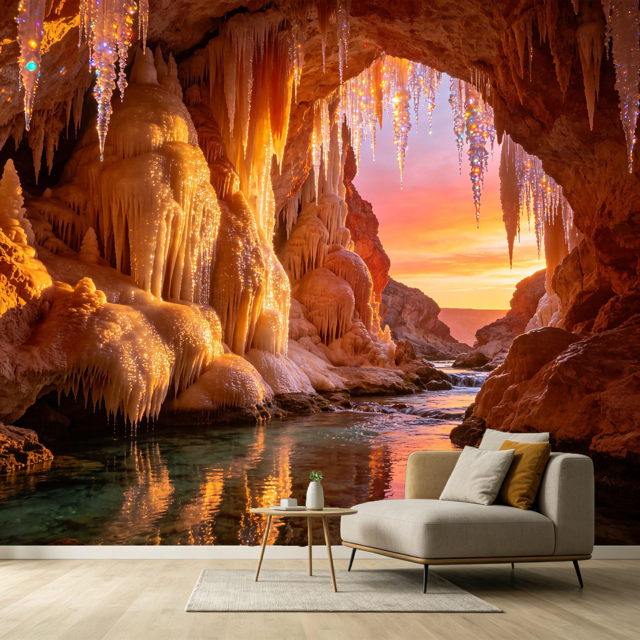 Custom Size Wall Murals Ice Cave Landscape 3D Trompe L'Oeil Sunset Water Reflections SelfAdhesive Wall Fabric Removable Large Wallpaper for Photo Living Room