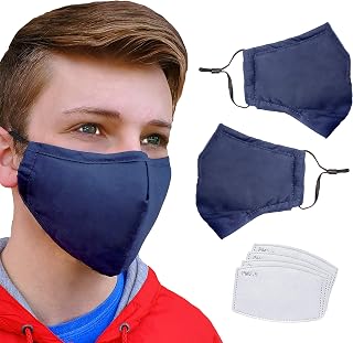 2 Pack Blue Face Mask 3 Layers Adjustable Nose Wire PM 2.5 Filters Adult Size