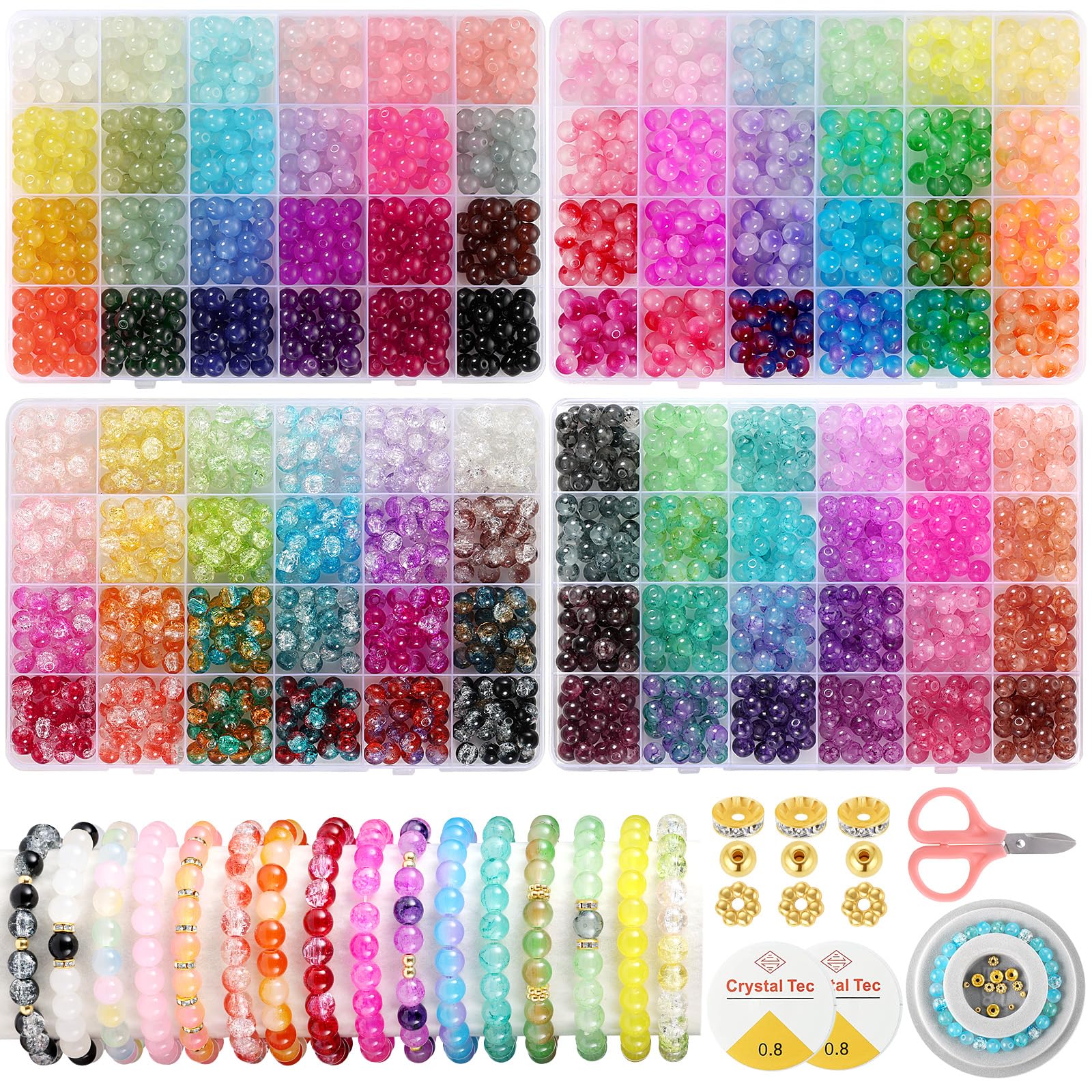 Perline di vetro da 8 mm per la creazione di gioielli, 4 tipi di 96 colori, kit per la creazione di braccialetti e perline di vetro, 2276 pezzi, perline di cristallo rotonde per bracciali, collane