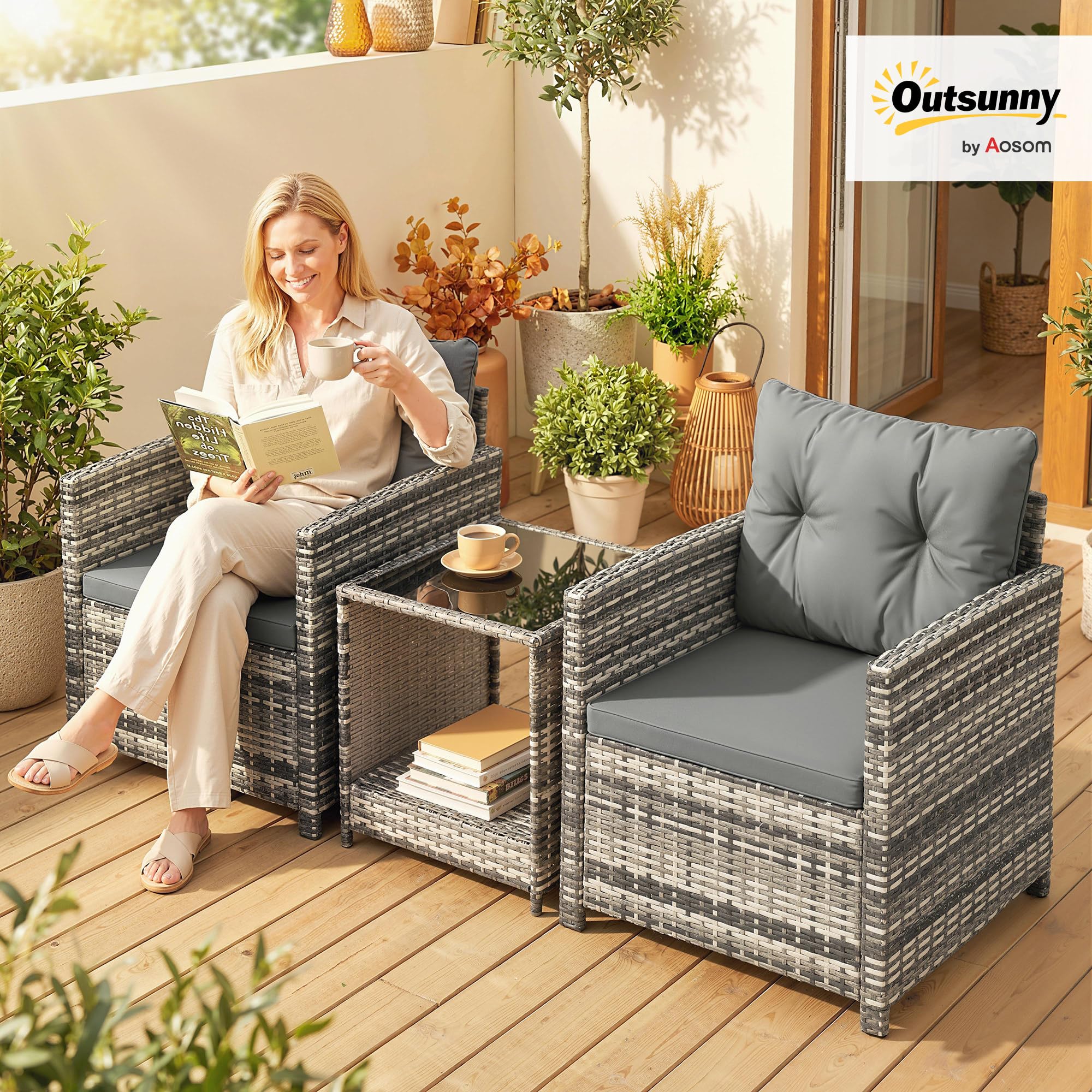 Outsunny Salon de Jardin Extérieur 3 Pièces en Résine Tressée Gris Clair | avec Table de Rangement, 2 Fauteuils, Coussins Déhoussables, Mobilier Terrasse Patio Balcon