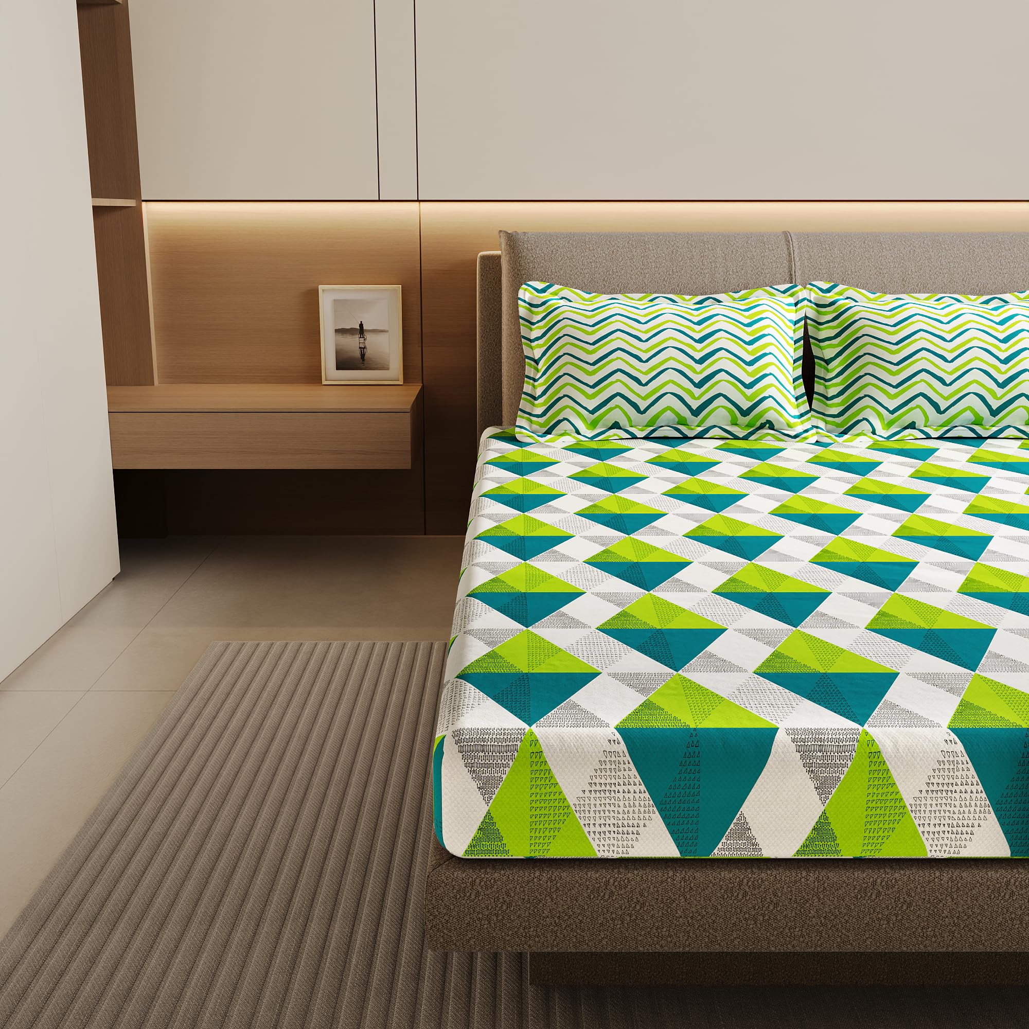 Divine Casa 144 TC Cotton Bedsheet for Double Bed with 2 Pillow Cover (222 x 254 cm, Aqua Lime, Geometric) 1