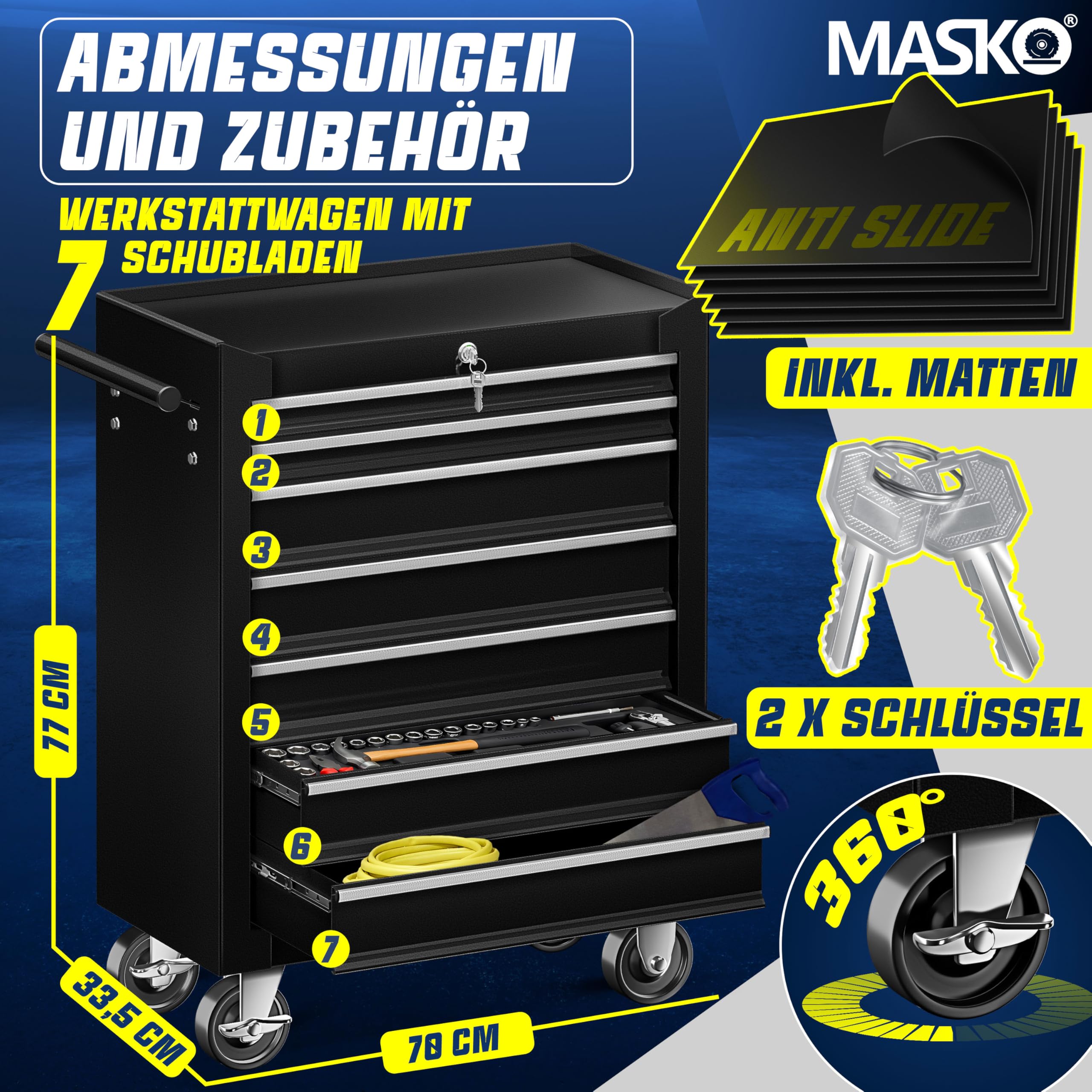 MASKO® carro de taller – 7 cajones, color negro, con cerradura, metal macizo, móvil sin herramientas, profesional de taller sin equipamiento, carrito con ruedas