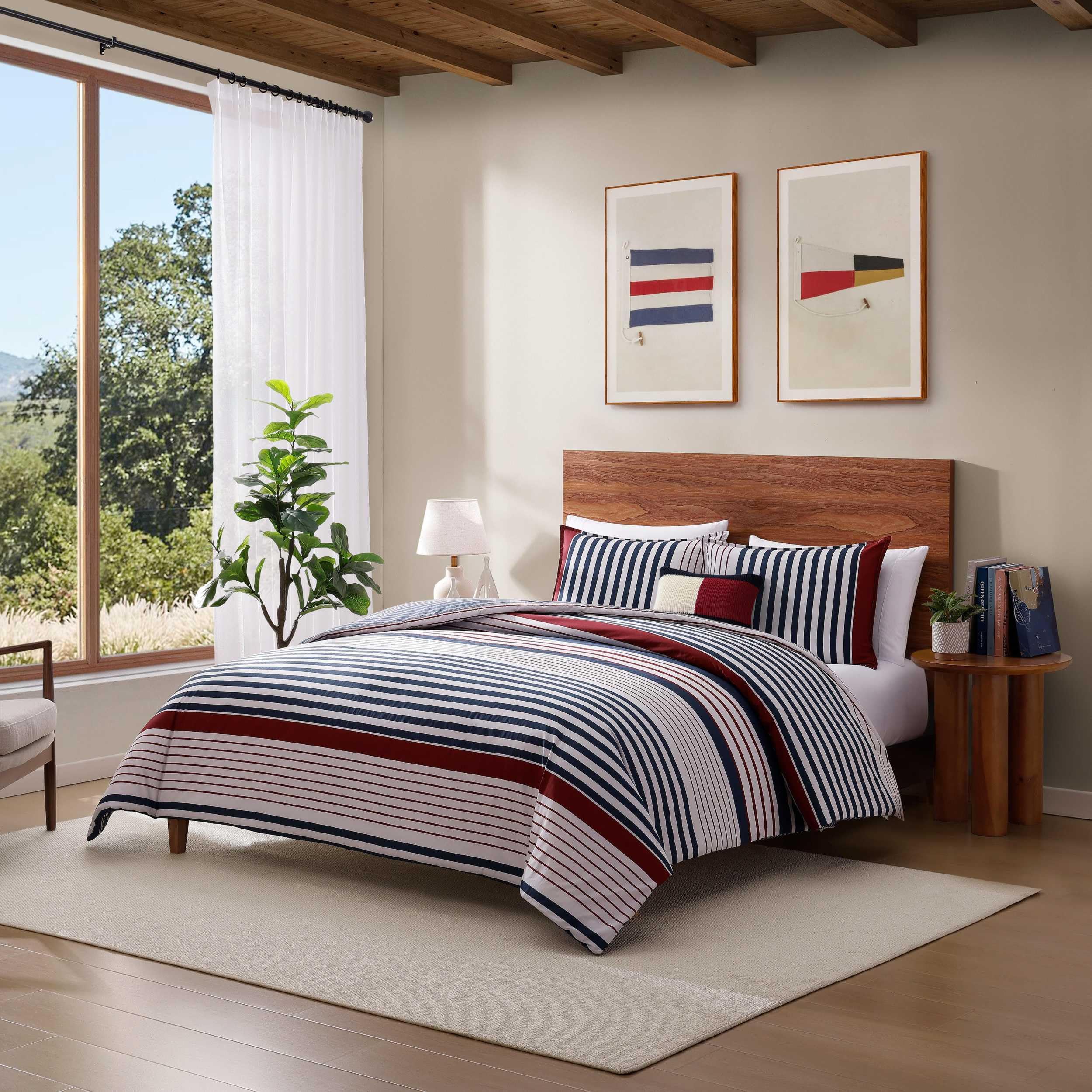Tommy Hilfiger - Twin Duvet Cover Set, 100% Cotton Percale Bedding with Matching Sham, Button Closure & Corner Ties, Reversible Brooklyn Stripe Design, Americana Decor (Blue)