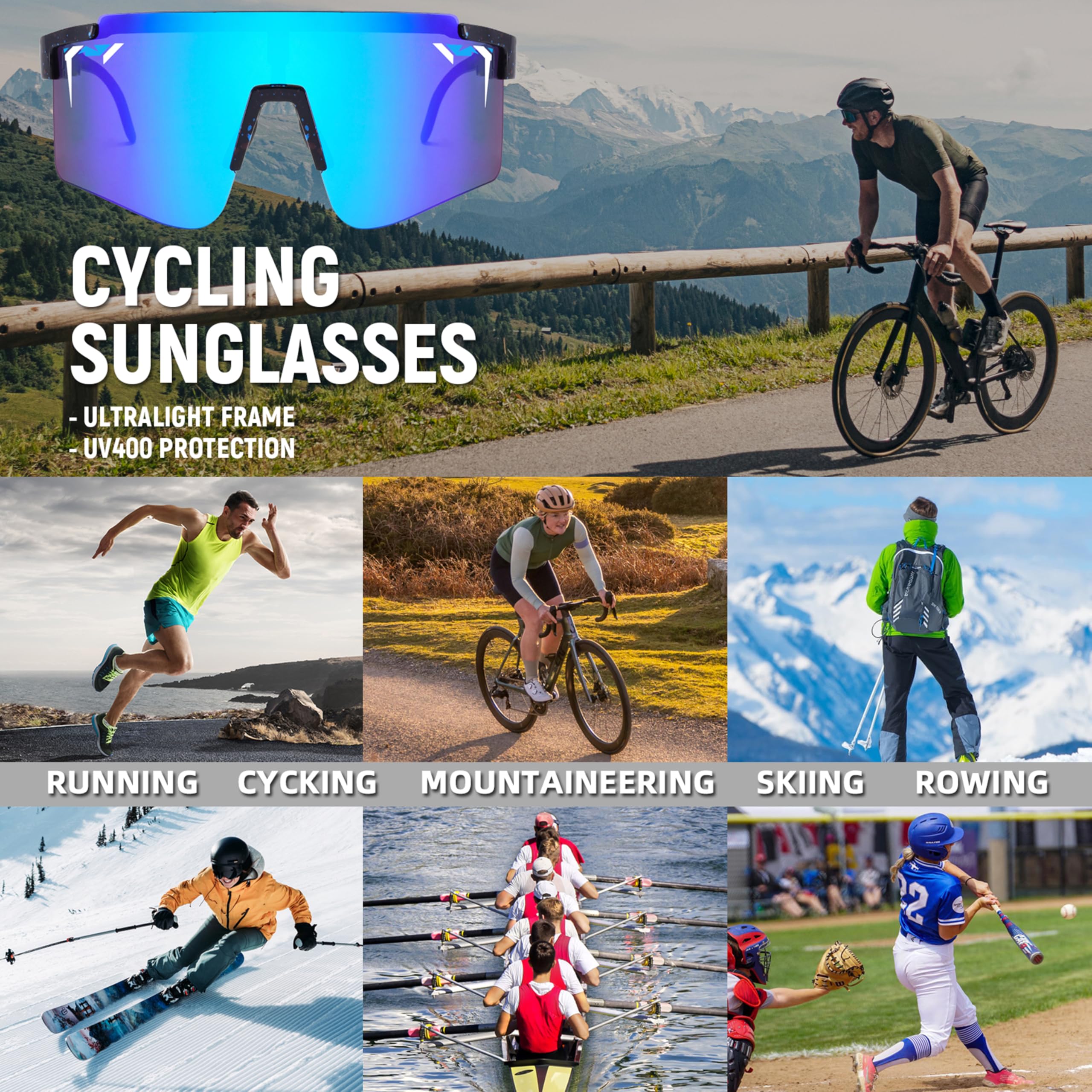 Sport-Sonnenbrille für Damen und Herren, Vipers-Sonnenbrille für Männer, Baseball- und Softball-Brille für Jugendliche ab 12 Jahren