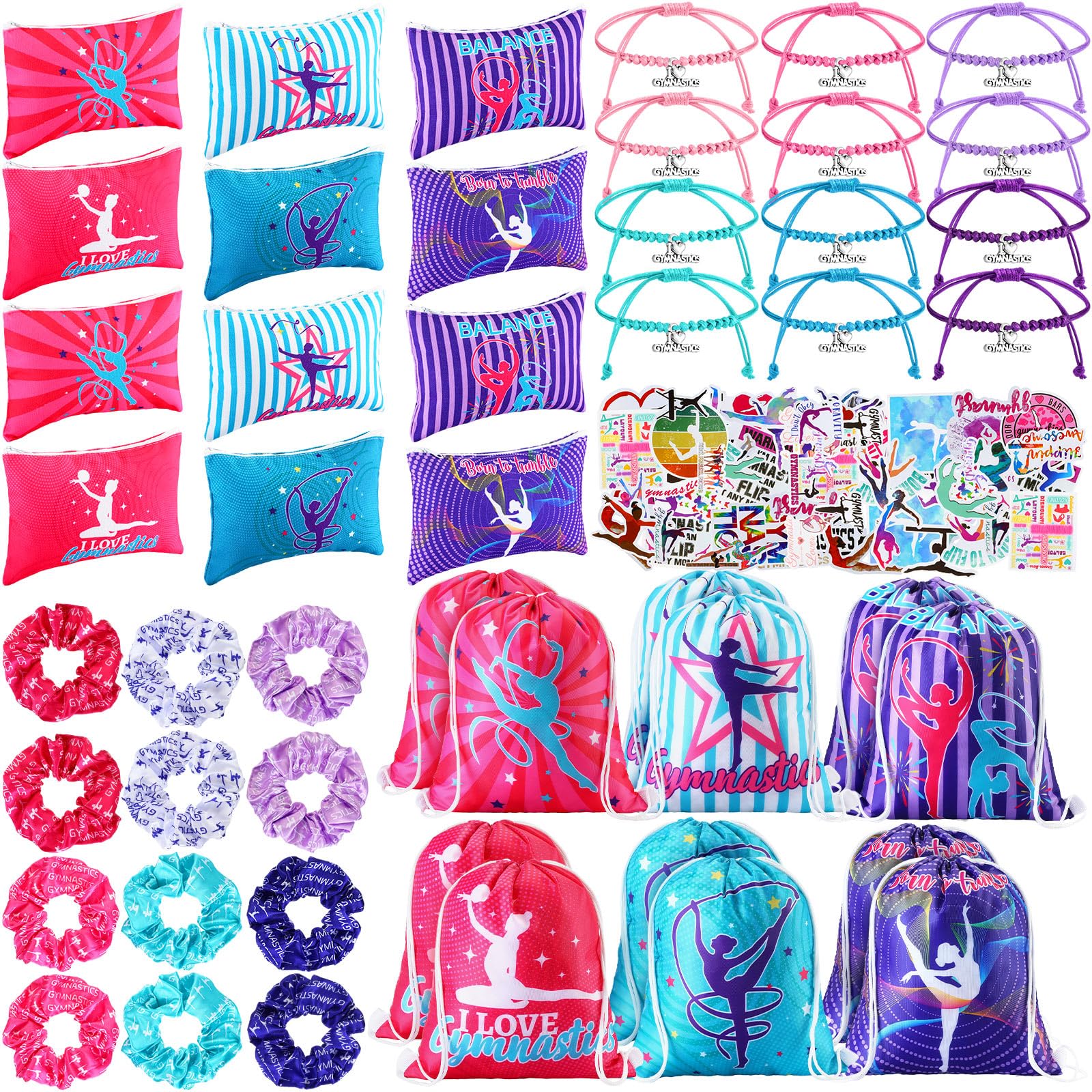 Abbylike 98 Pieces Gymnastics Party Gift Set, 12 Makeup Bags, 12 Bracelets, 12 Drawstring Backpacks, 12 Hair Bands, 50 Temporary Tattoos for Women, Girls