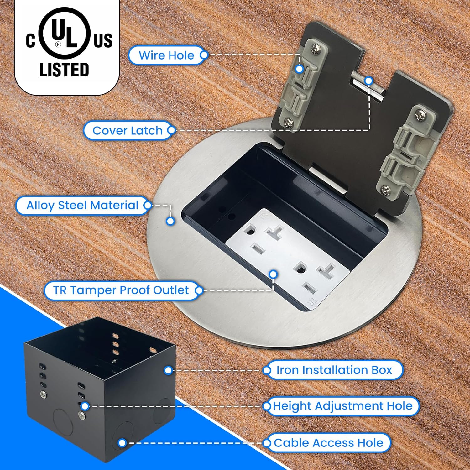 Recessed Floor Outlet Box 20 Amp Floor Electrical Outlet Tamper Resistant (TR, Silver)
