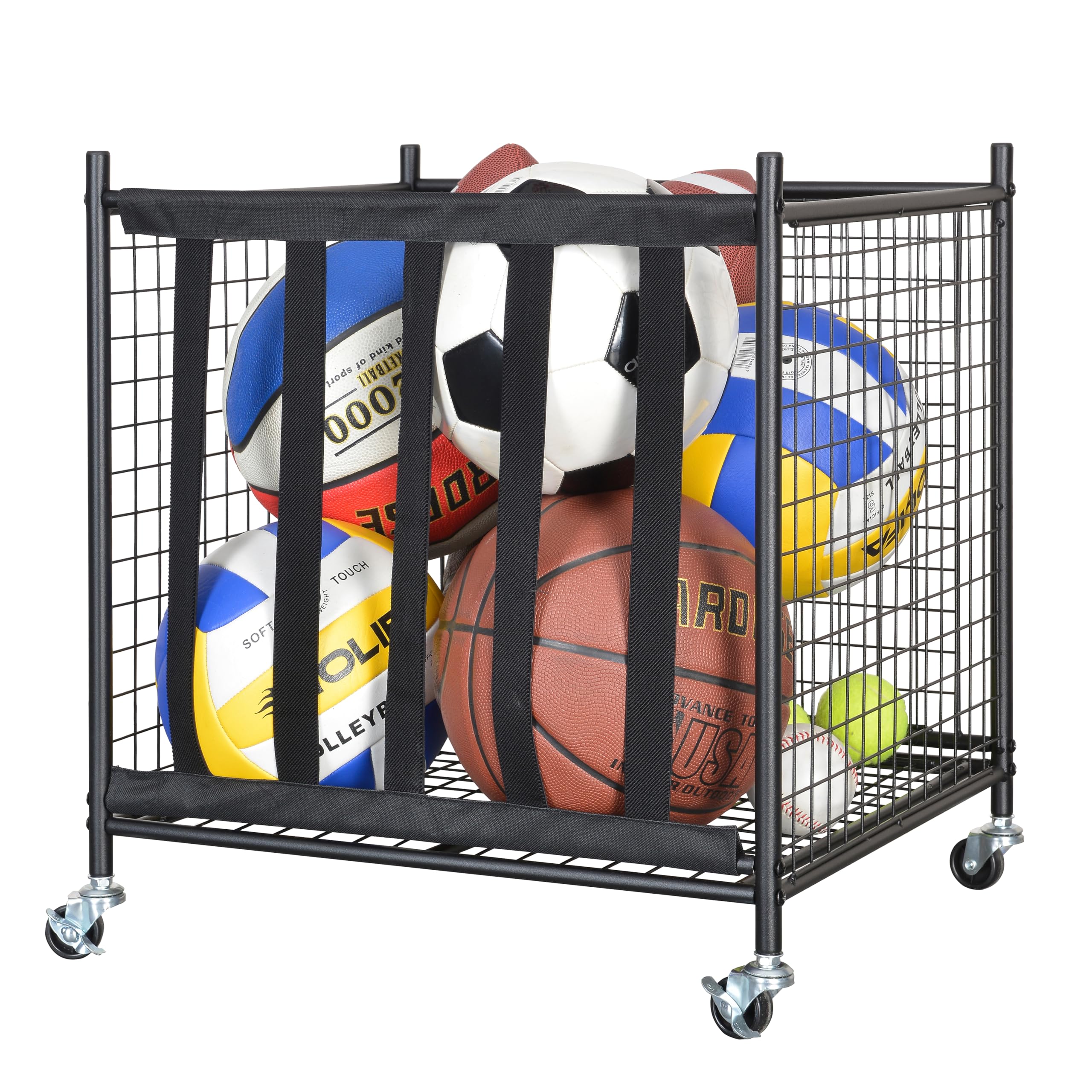 Snail Garage Sports Equipment Storage Organizer Sports Ball Storage Rolling Cart with Basket and Hooks Lockable Sports Ball Cage Storage Rack for Garages, Playgroup, Gym and Schools, Black