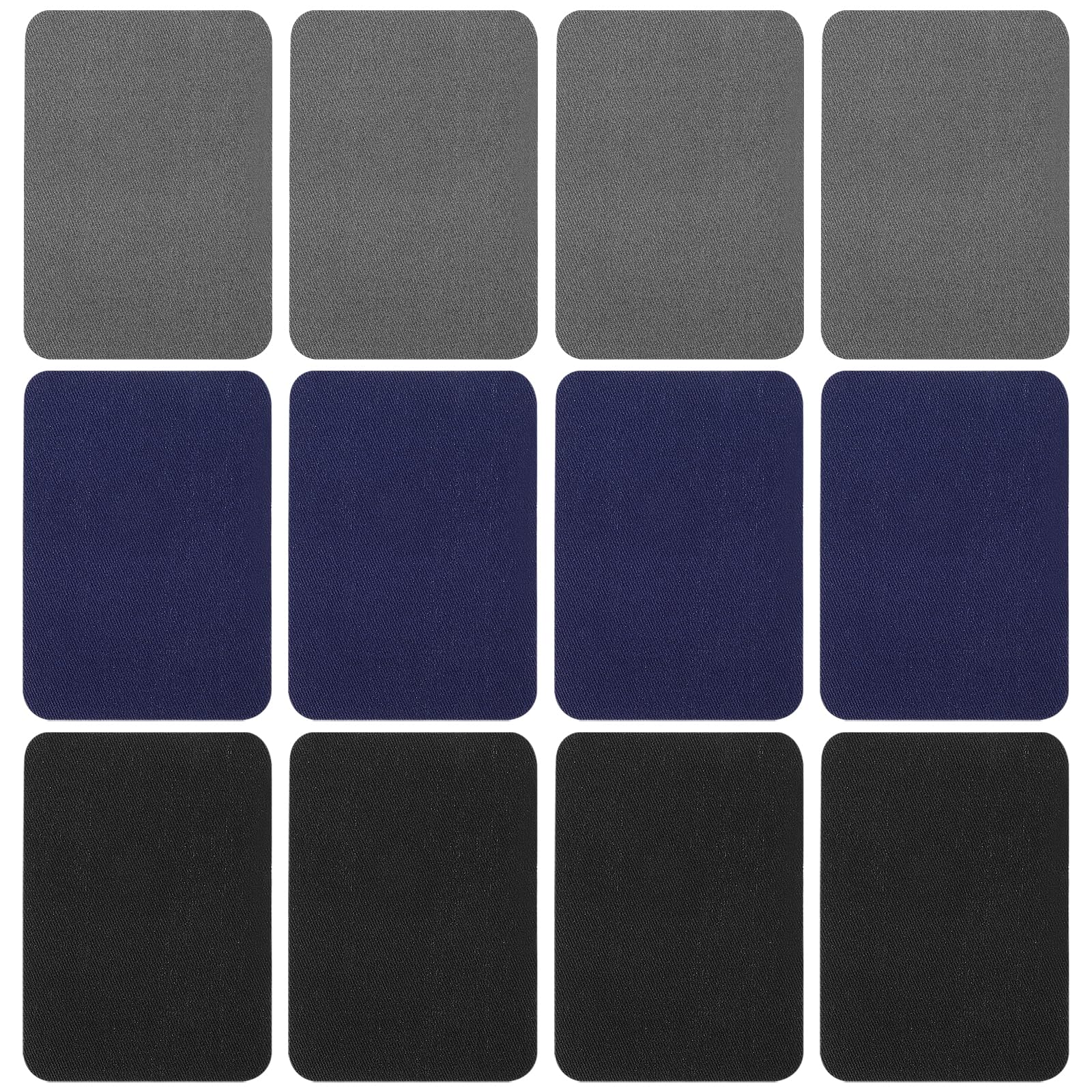 12Pcs Fabric Repair Patches, 4 x 3 Inches Cotton Iron on Patches for Clothing Inside & Outside Repair, Fabric Patches Iron on for Denim Jean Clothes Repair Decorating Kit (Black, Blue, Grey)