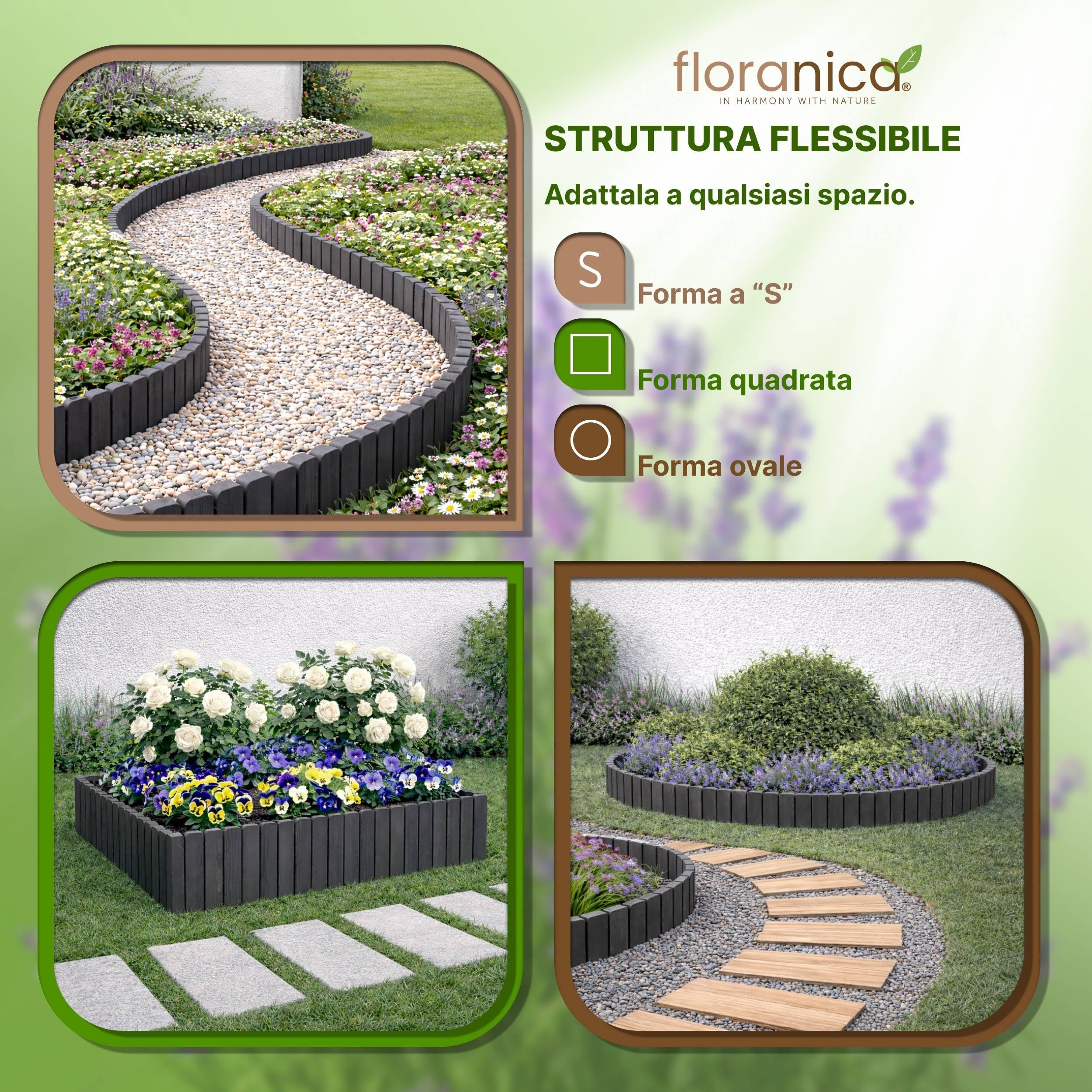 Floranica Bordura per prato 40 x 100 cm Grigio scuro Bordura per aiuole flessibile Staccionata in legno da piantare per prato