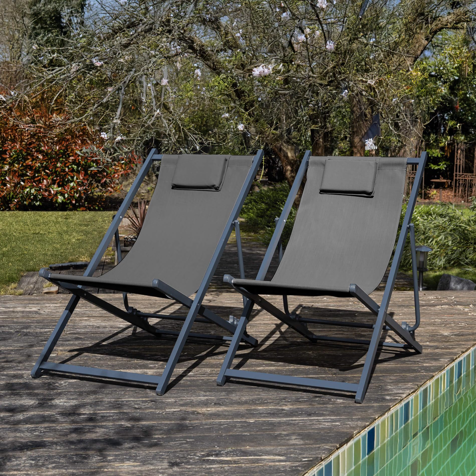 Rebecca Mobili Tumbona plegable, silla de playa, gris oscuro, aluminio y poliéster, respaldo reclinable, ahorra espacio, silla de exterior – Medidas HxLxP: 93 x 58 x 92 cm – Art. RE7147