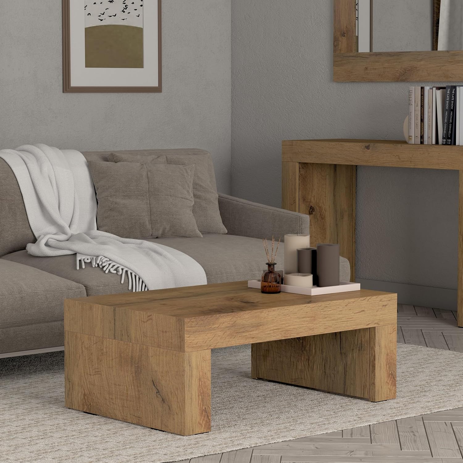 Mobili Fiver, Evolution Low Coffee Table 35.4 x 23.6 in, Concrete Effect, Grey, Melamine-Finished, Modern Coffee Table, Italian Furniture