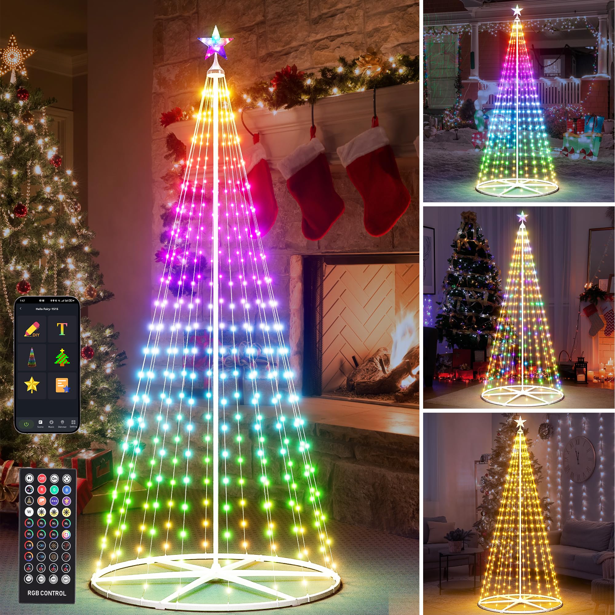 7.5FT Outdoor Christmas Tree Lights, Multicolor Prelit Smart Cone Christmas Tree with Star, Music Sync, App & Remote Control, LED Light Show Tree for Indoor Outdoor Decorations