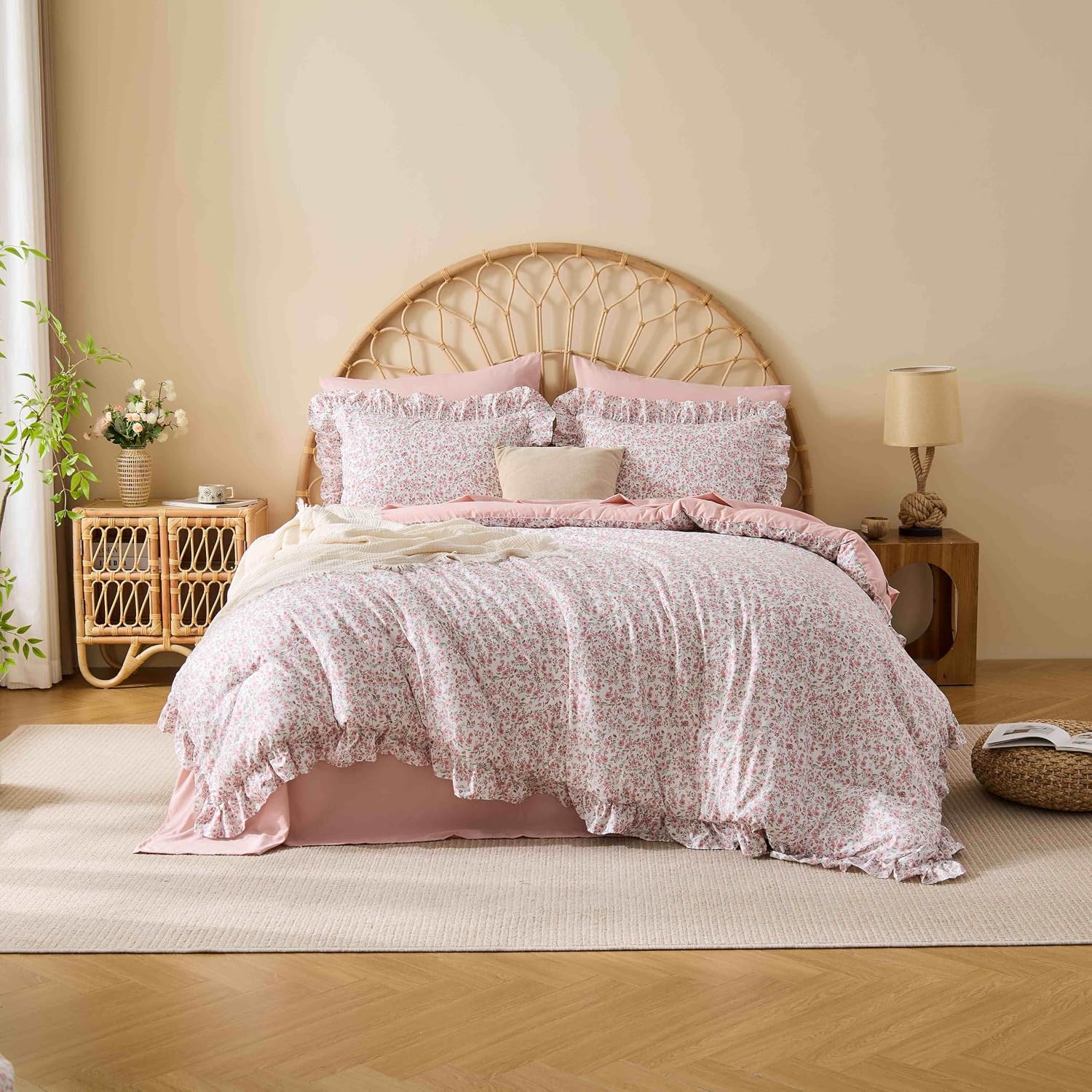 Queen Comforter Set 7 Pieces Floral Pink Ruffle Bedding Set
