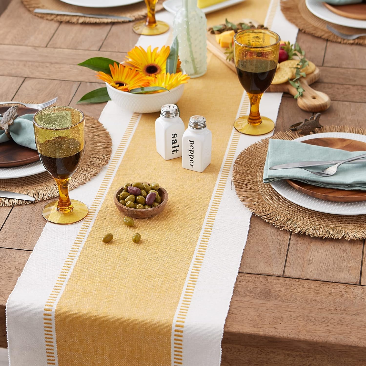 DII Dobby Stripe Woven Table Runner, 13x108 (13x113.5, Fringe Included), Honey Gold