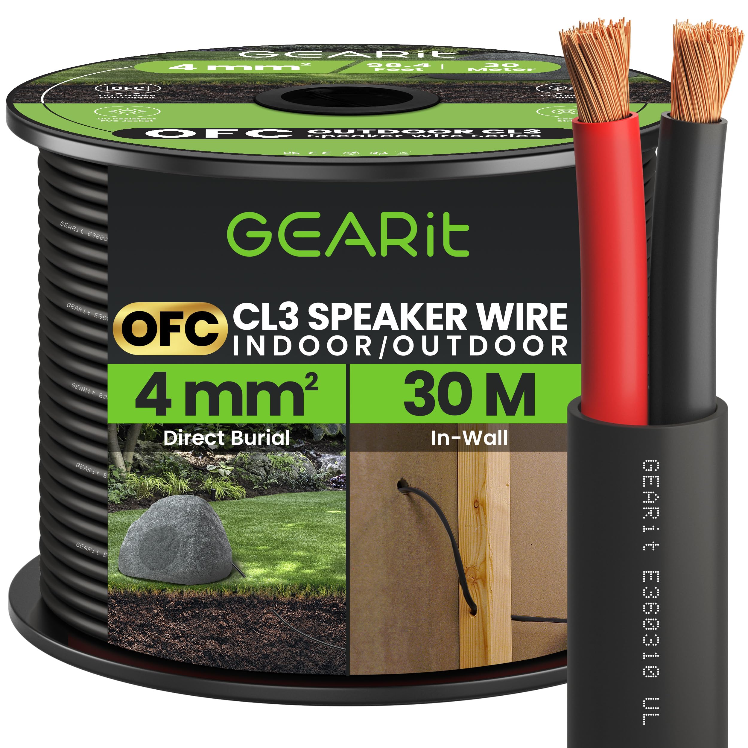 GearIT CL3-Lautsprecherkabel, AWG, 12 Gauge, AWG, für Innen- und Außenbereich, OFC-Draht, sauerstofffreies Kupfer, direkte Erdverlegung, 12 AWG, 30 m, Schwarz