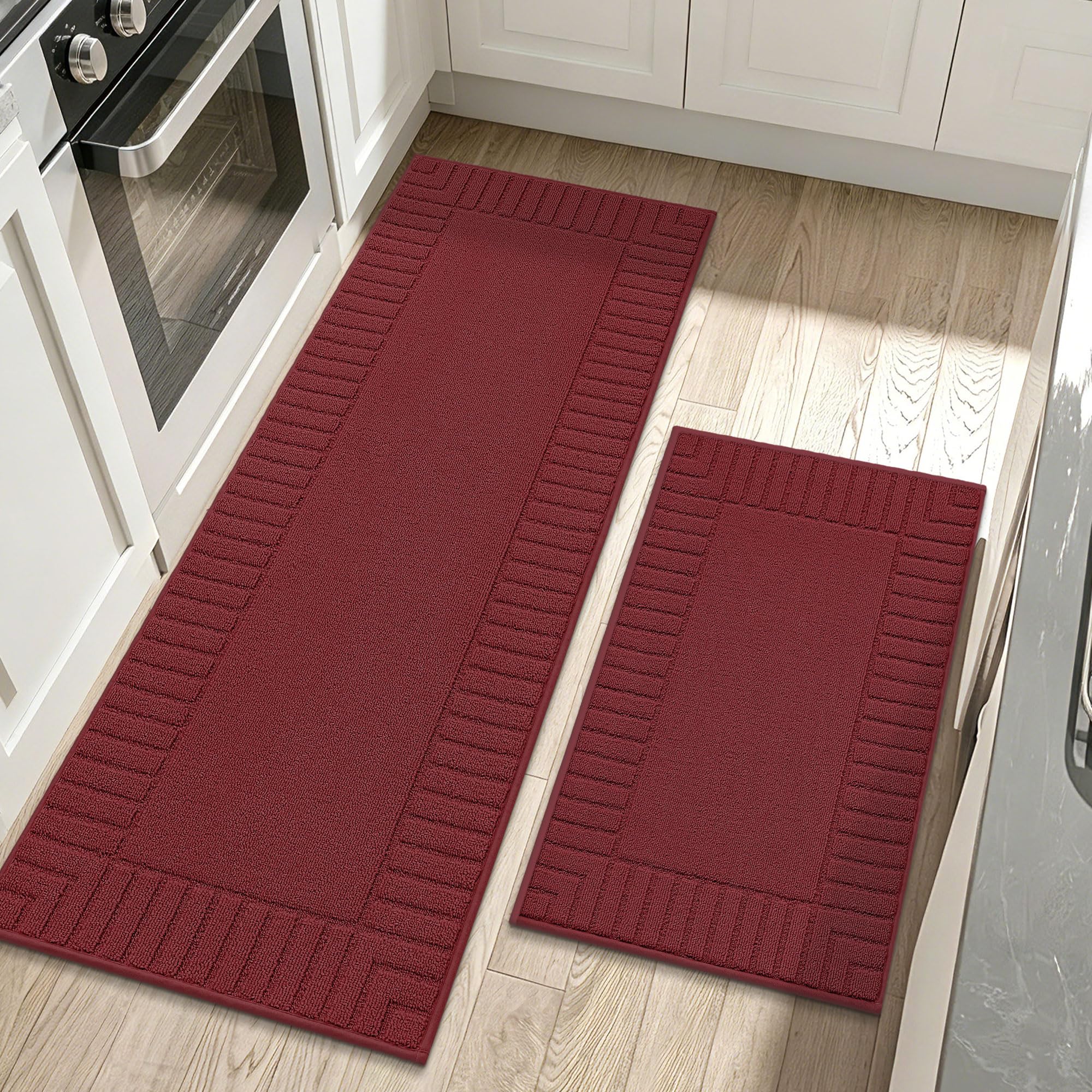 BEQHAUSE Kitchen Rugs Washable Kitchen Mats Floor Non-Slip Kitchen Mats Absorbent Kitchen Runner with TPR Non Skid Backing,Set of 2(60X89cm+60X152cm,Red) โ image 1