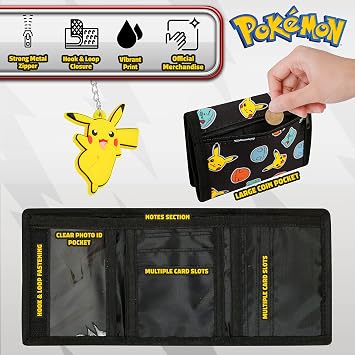 Pokemon Wallet and Keychain Set for Kids Trifold Wallet with ID Pocket Card Slots Zipper Coin Purse Pikachu Anime Gifts for Boys (Black/Yellow)